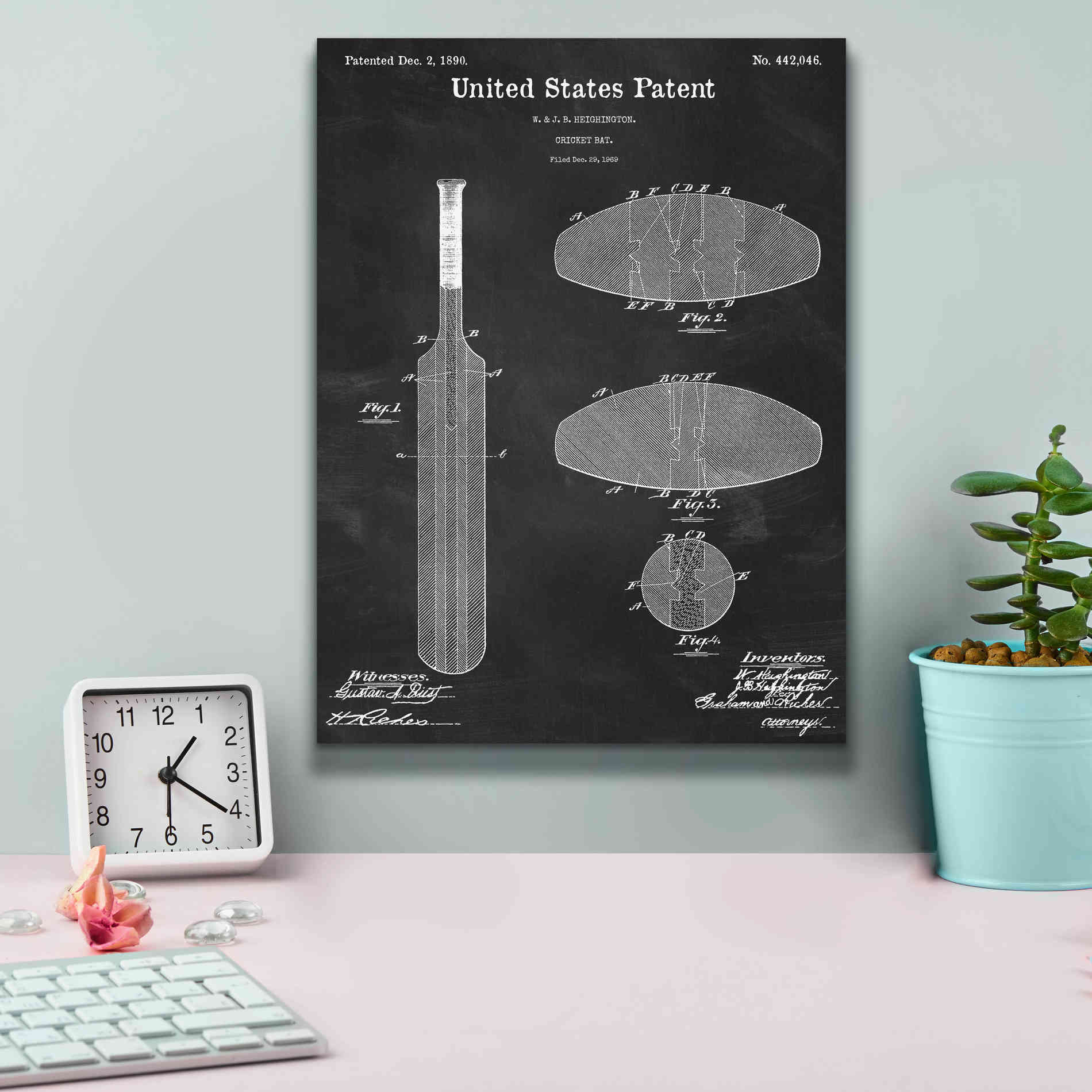 'Cricket Bat Blueprint Patent Chalkboard,' Canvas Wall Art,12 x 16