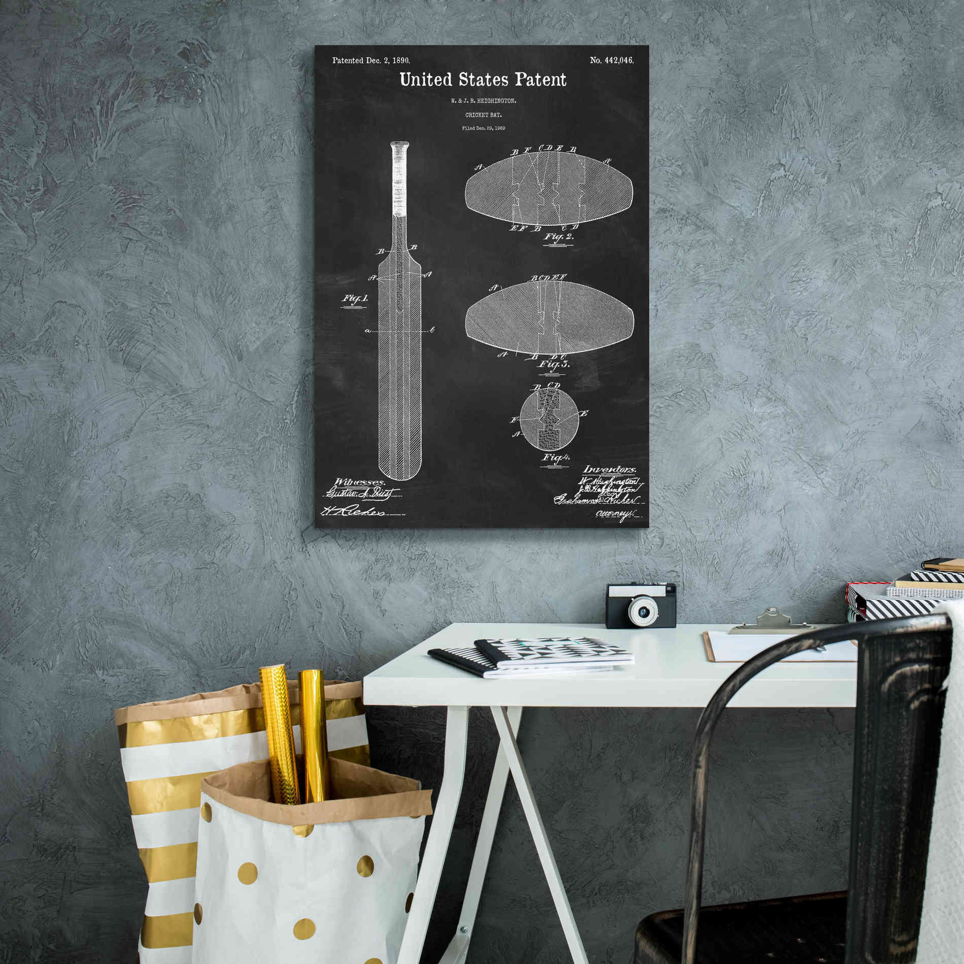 'Cricket Bat Blueprint Patent Chalkboard,' Canvas Wall Art,18 x 26