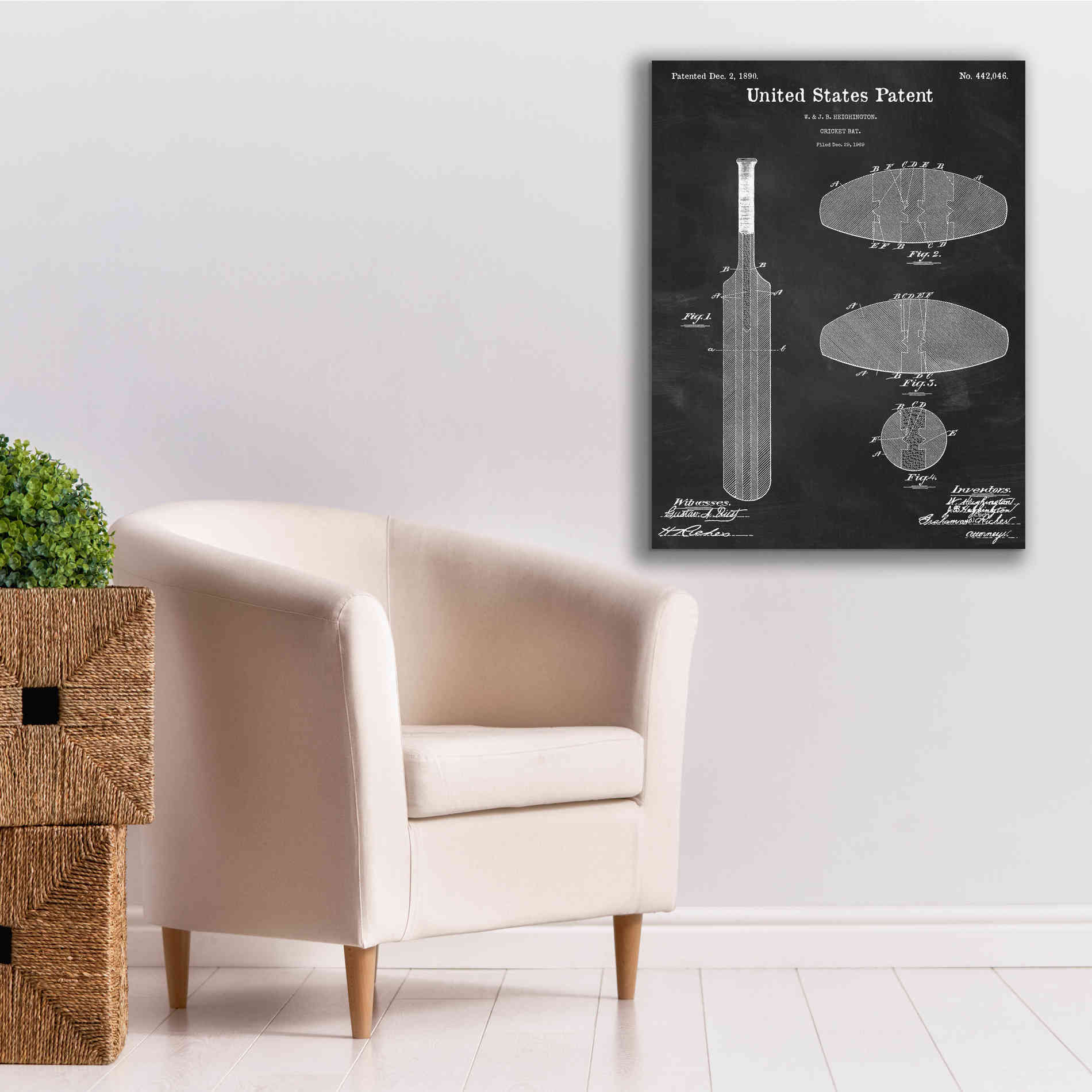 'Cricket Bat Blueprint Patent Chalkboard,' Canvas Wall Art,26 x 34