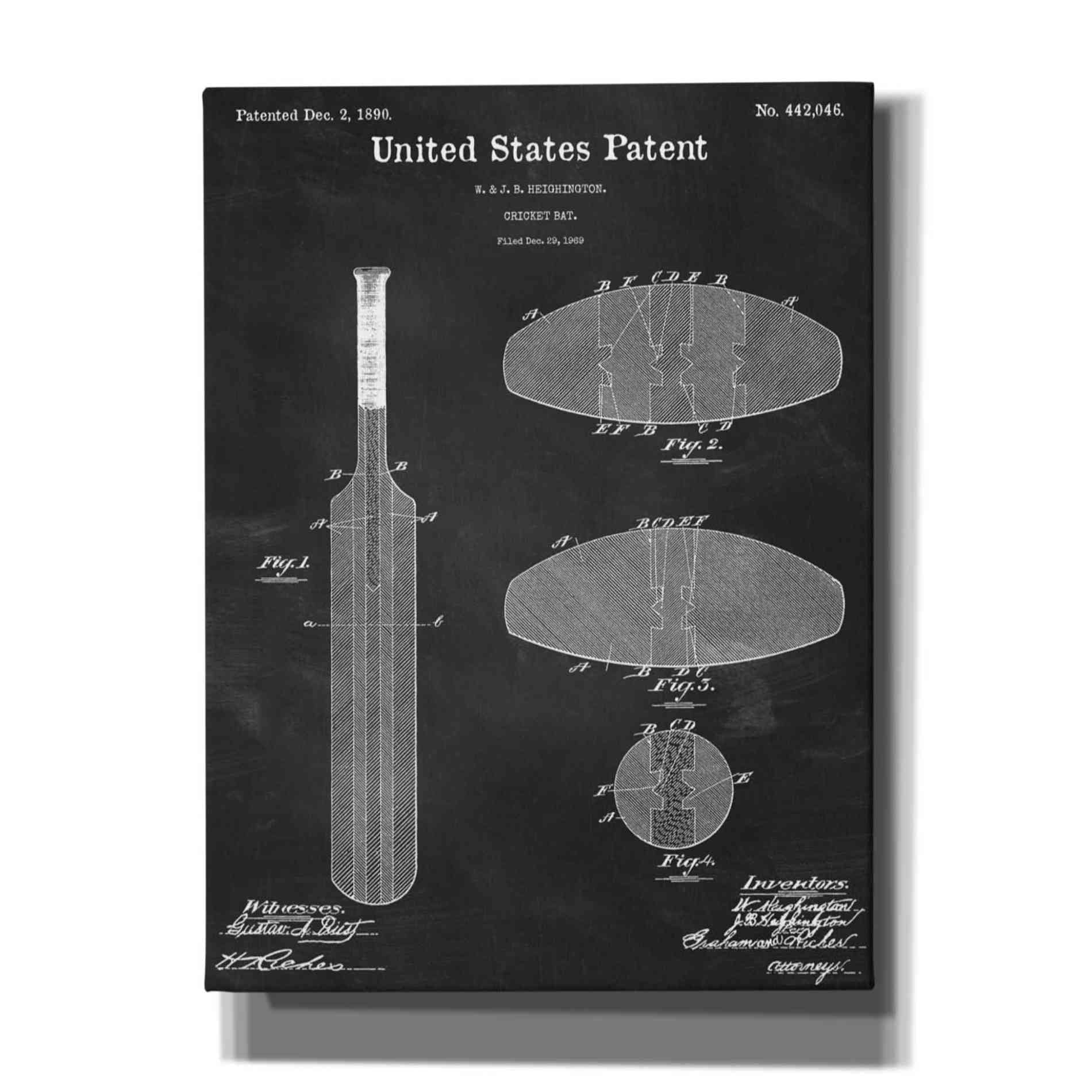 'Cricket Bat Blueprint Patent Chalkboard,' Canvas Wall Art,12x16x1.1x0,18x26x1.1x0,26x34x1.74x0,40x54x1.74x0