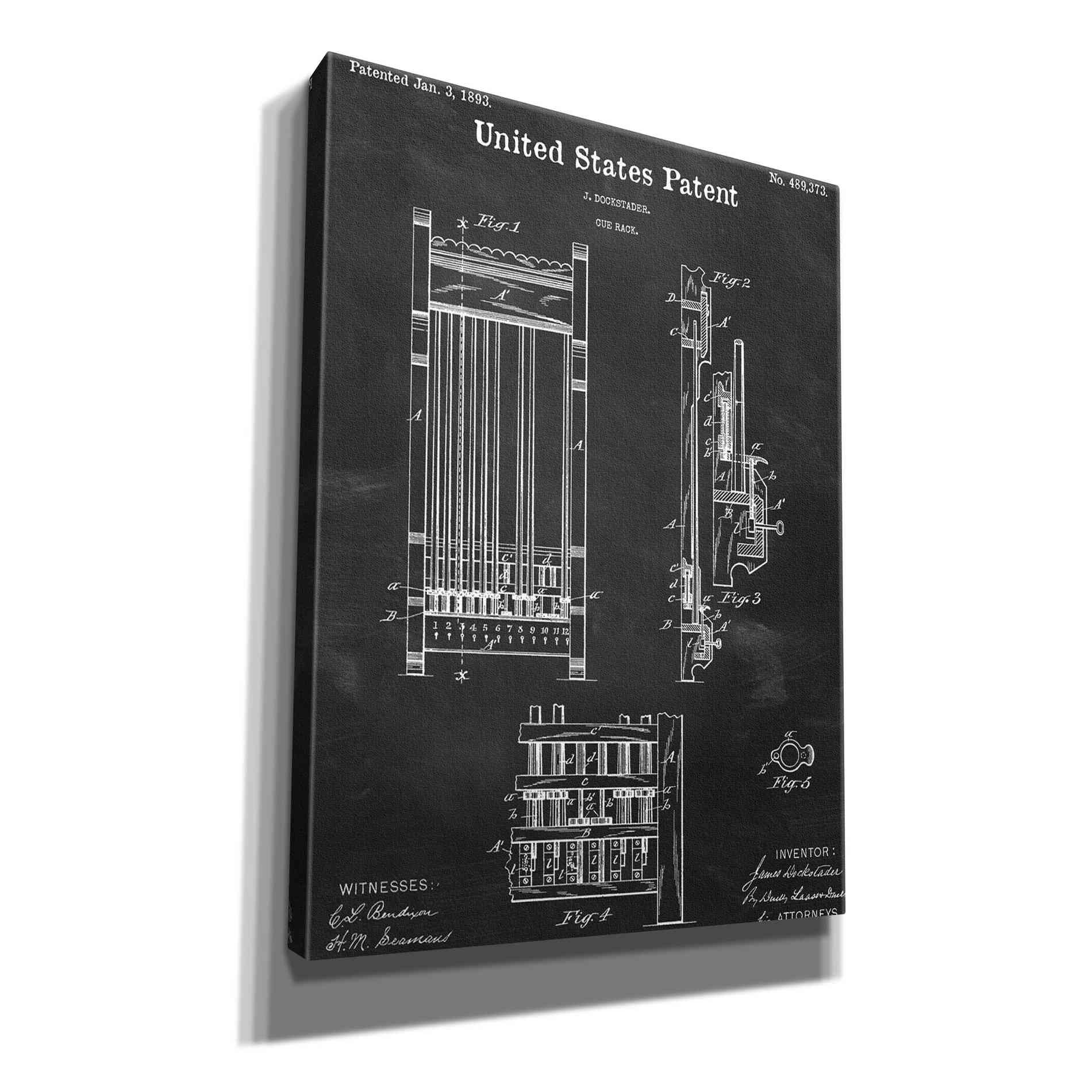 'Cue Rack Blueprint Patent Chalkboard,' Canvas Wall Art,12x16x1.1x0,18x26x1.1x0,26x34x1.74x0,40x54x1.74x0