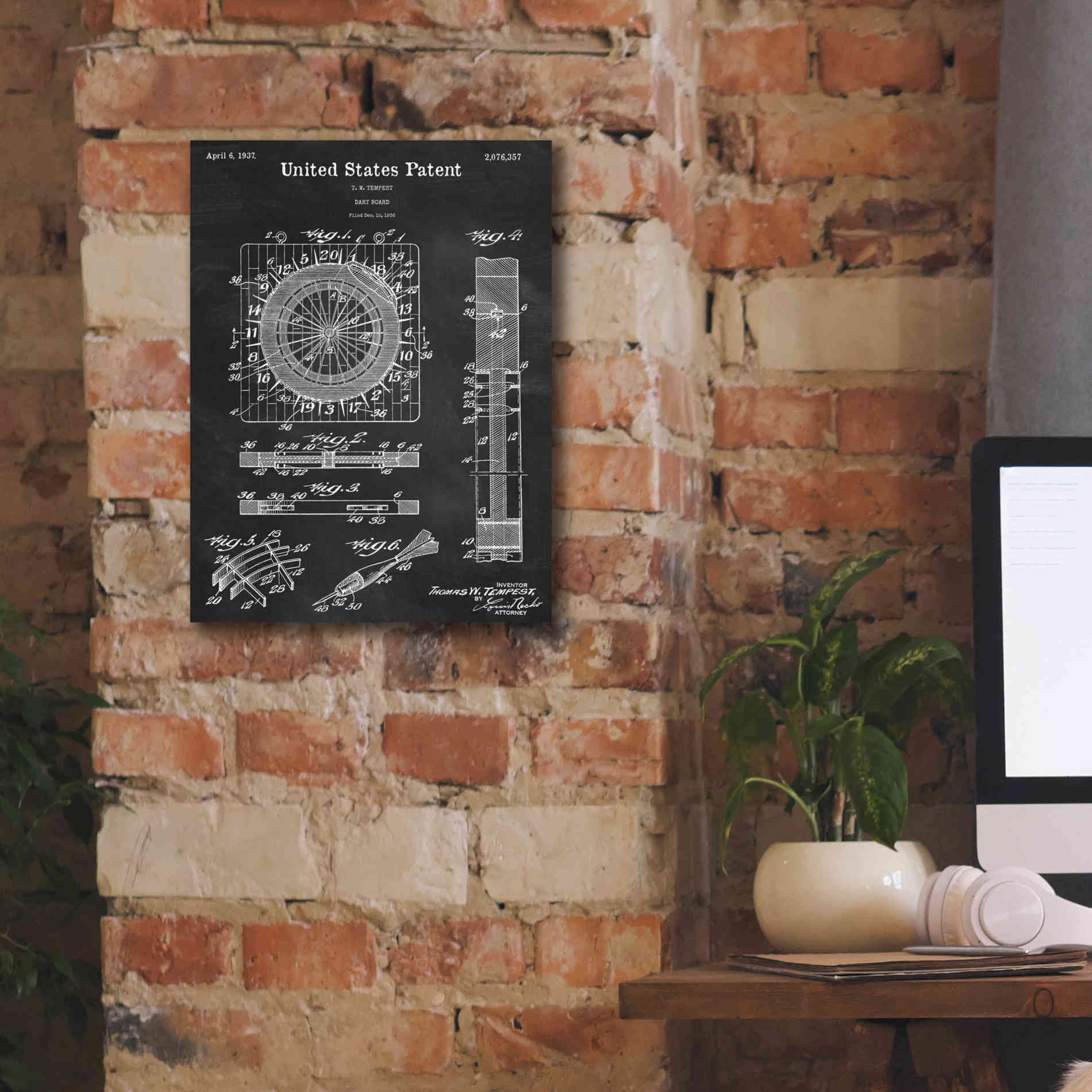 'Darts Game Blueprint Patent Chalkboard,' Canvas Wall Art,12 x 16