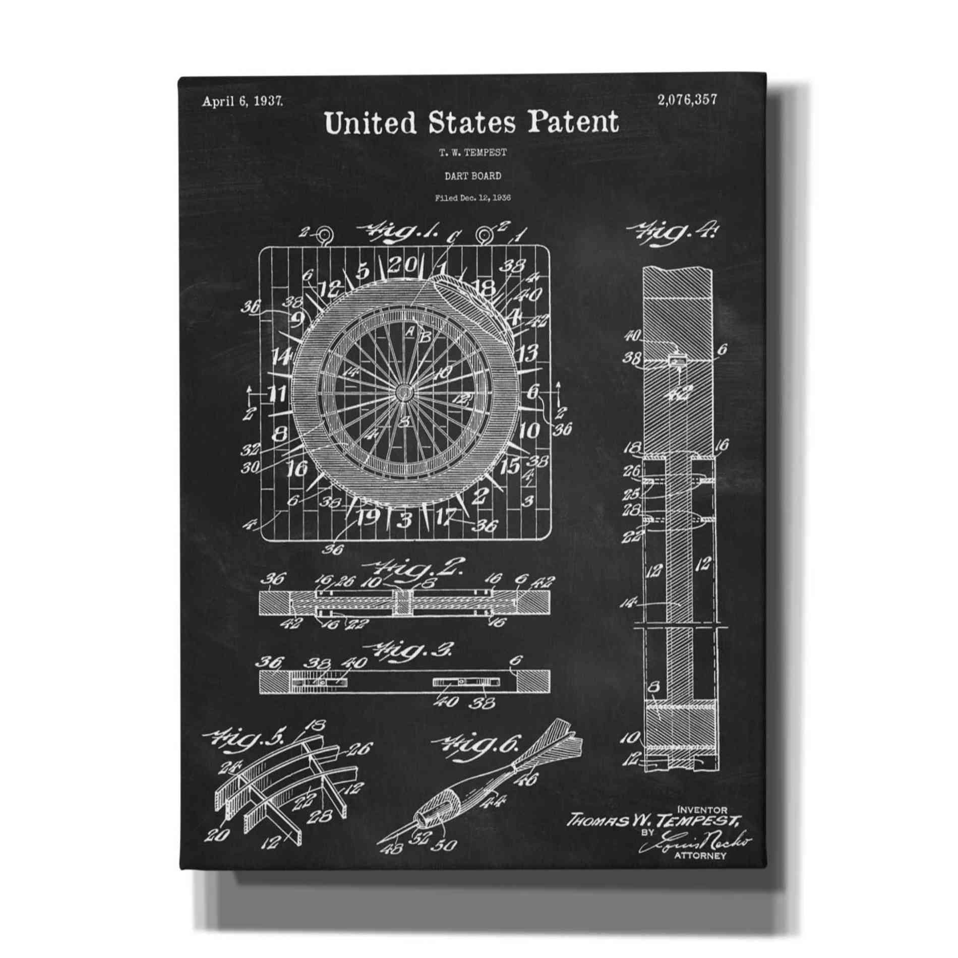 'Darts Game Blueprint Patent Chalkboard,' Canvas Wall Art,12x16x1.1x0,18x26x1.1x0,26x34x1.74x0,40x54x1.74x0