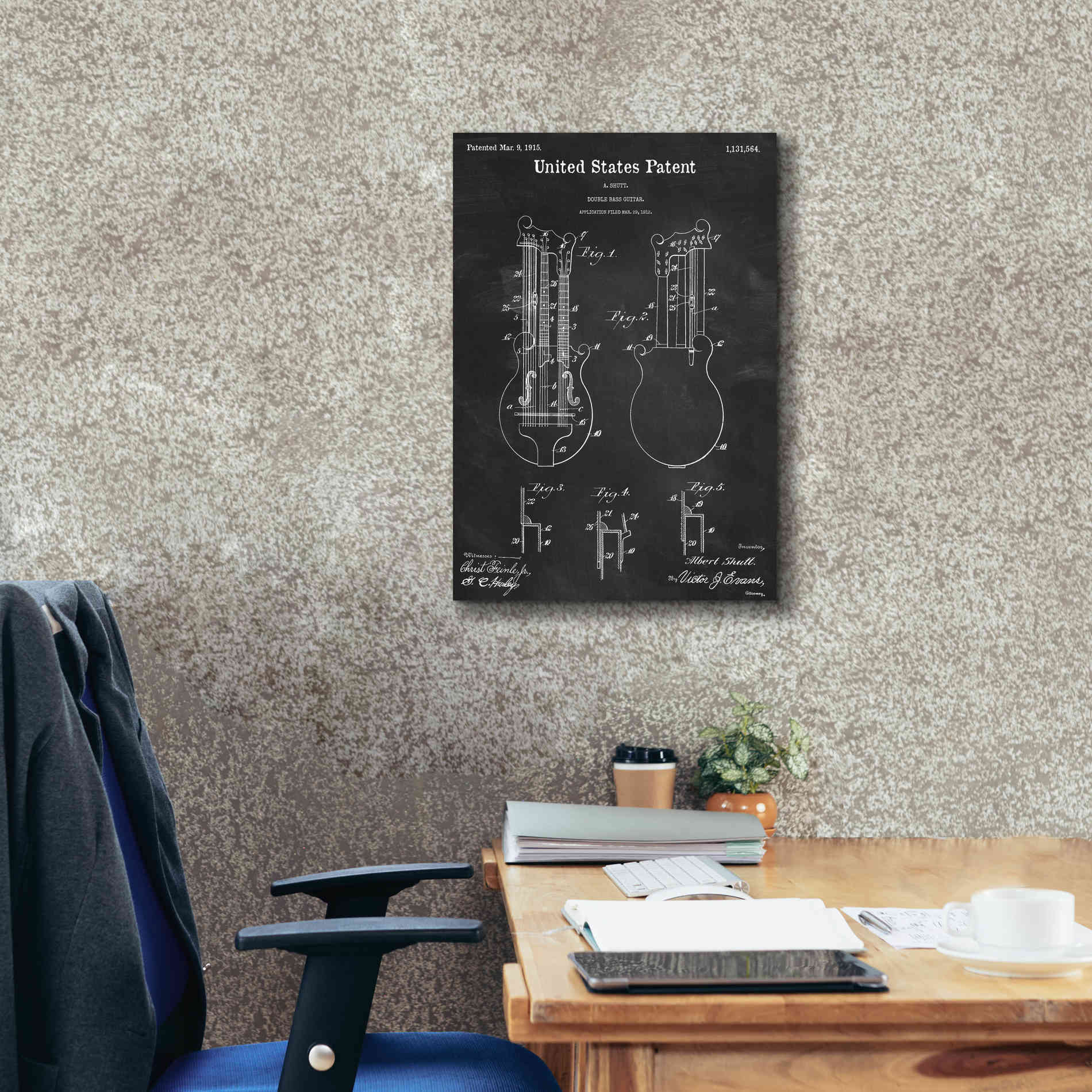 'Double Bass Guitar Blueprint Patent Chalkboard,' Canvas Wall Art,18 x 26