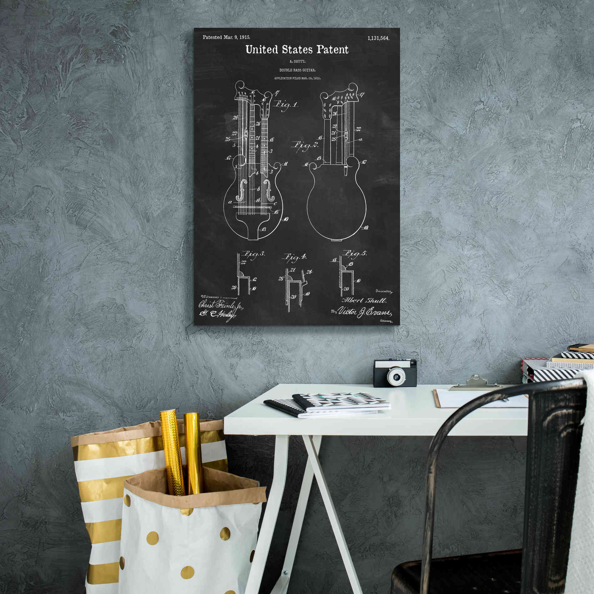 'Double Bass Guitar Blueprint Patent Chalkboard,' Canvas Wall Art,18 x 26