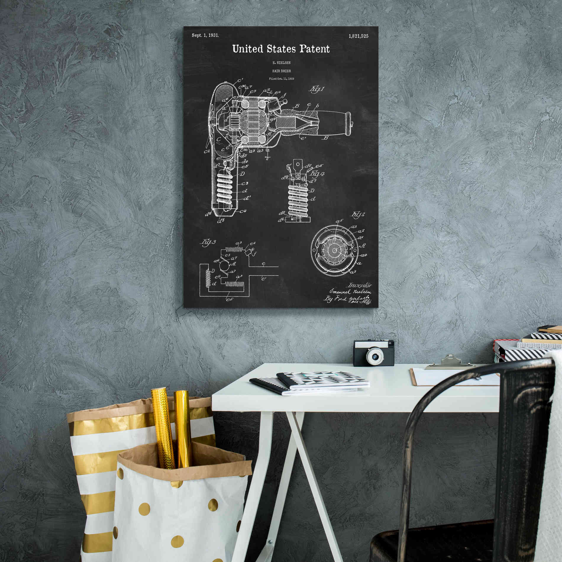 'Hair Dryer Blueprint Patent Chalkboard,' Canvas Wall Art,18 x 26