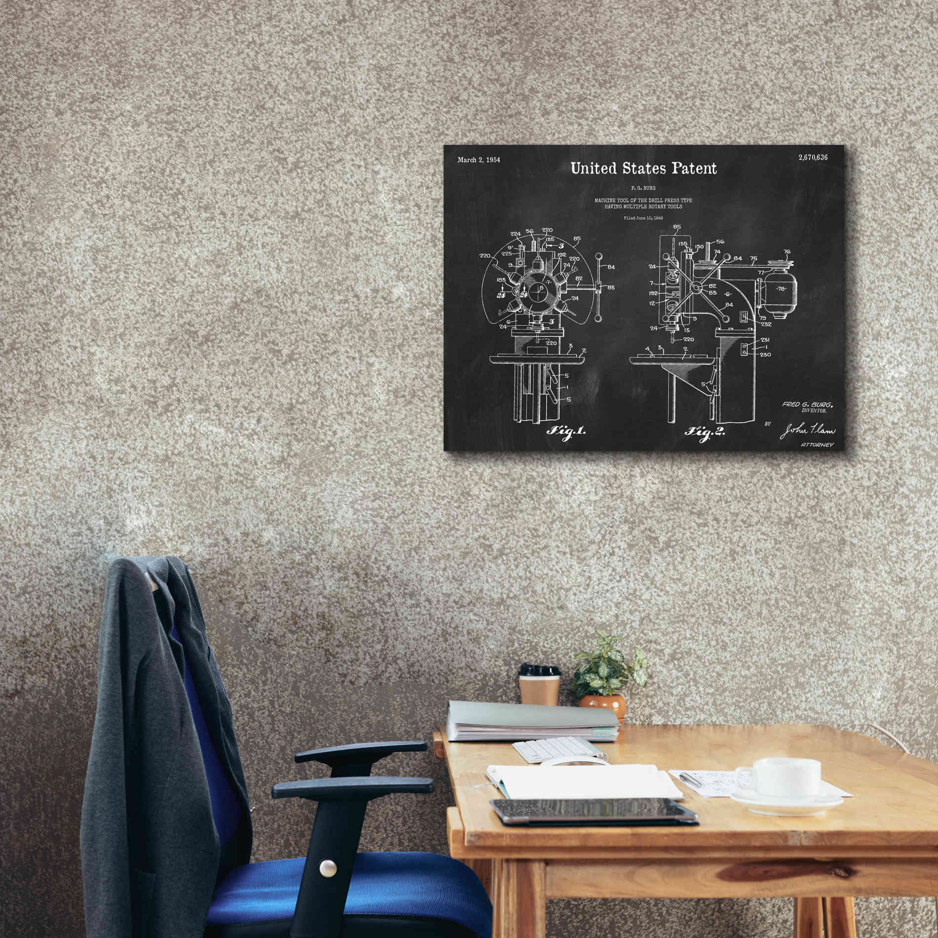 'Drill Press Blueprint Patent Chalkboard,' Canvas Wall Art,34 x 26