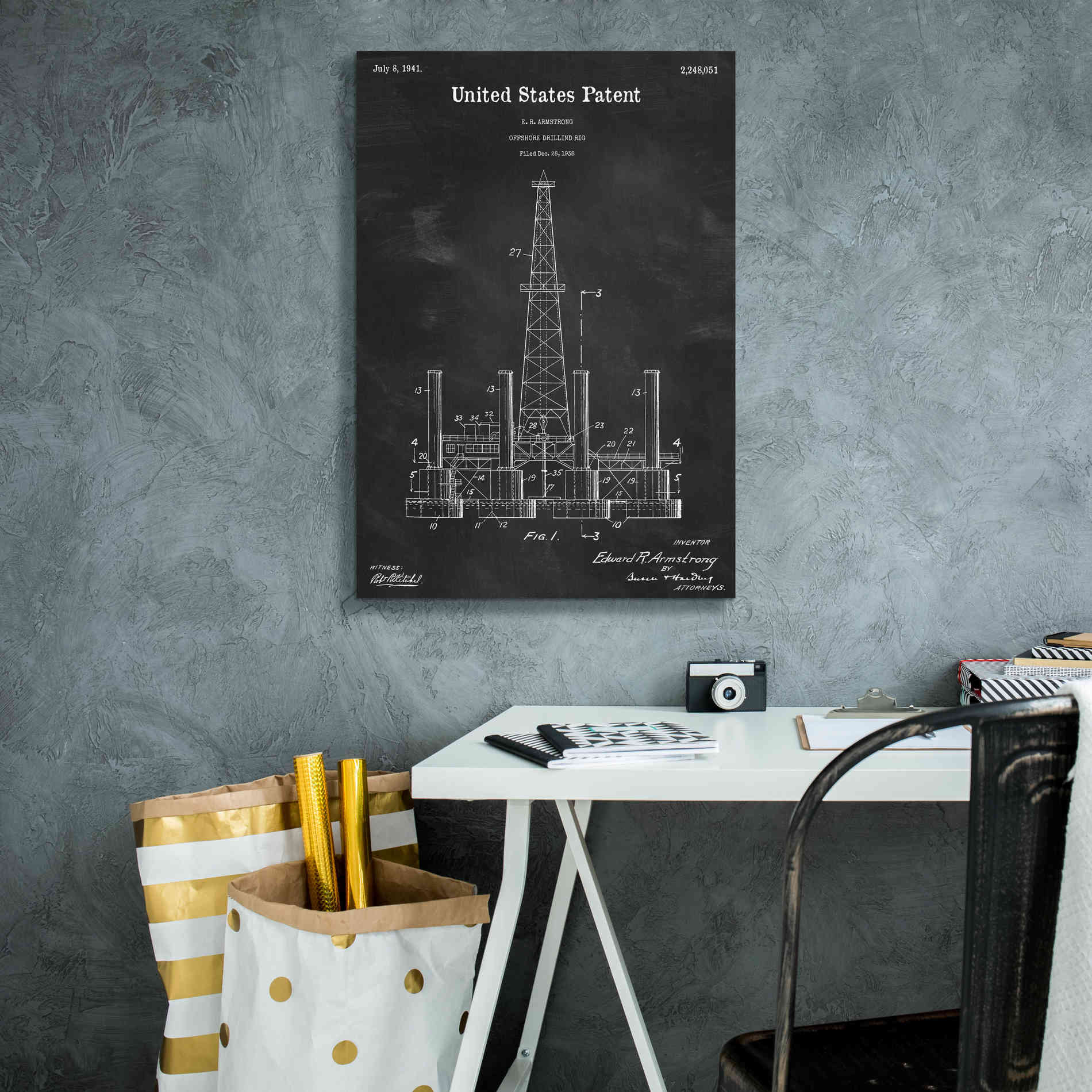 'Drilling Rig Blueprint Patent Chalkboard,' Canvas Wall Art,18 x 26
