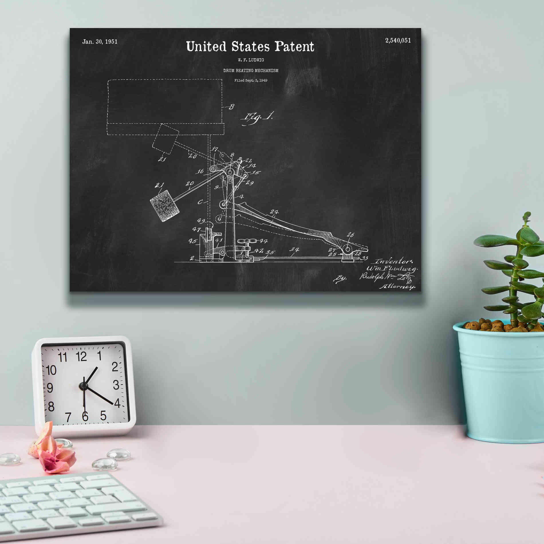 'Drum Beating Mechanism Blueprint Patent Chalkboard,' Canvas Wall Art,16 x 12