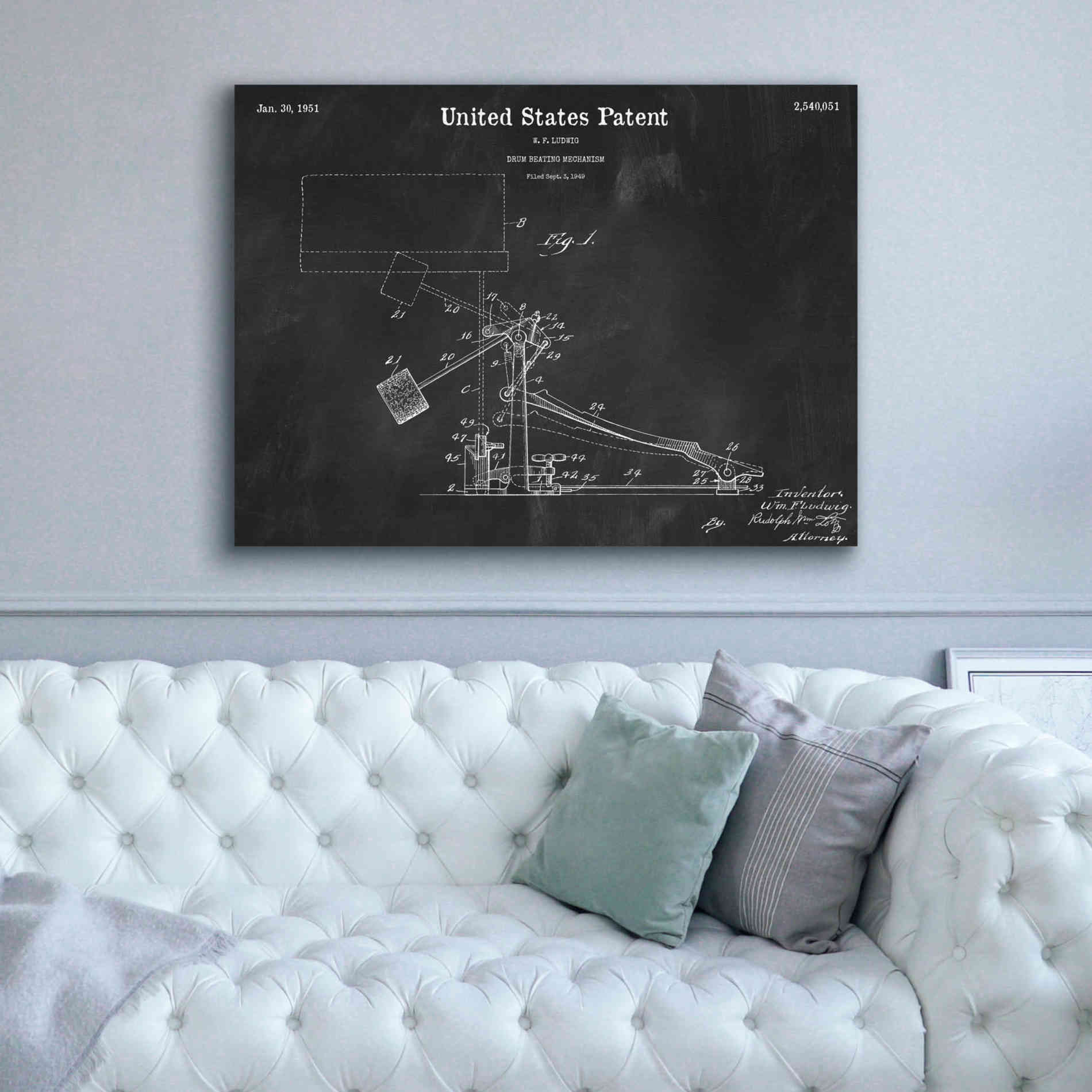 'Drum Beating Mechanism Blueprint Patent Chalkboard,' Canvas Wall Art,54 x 40