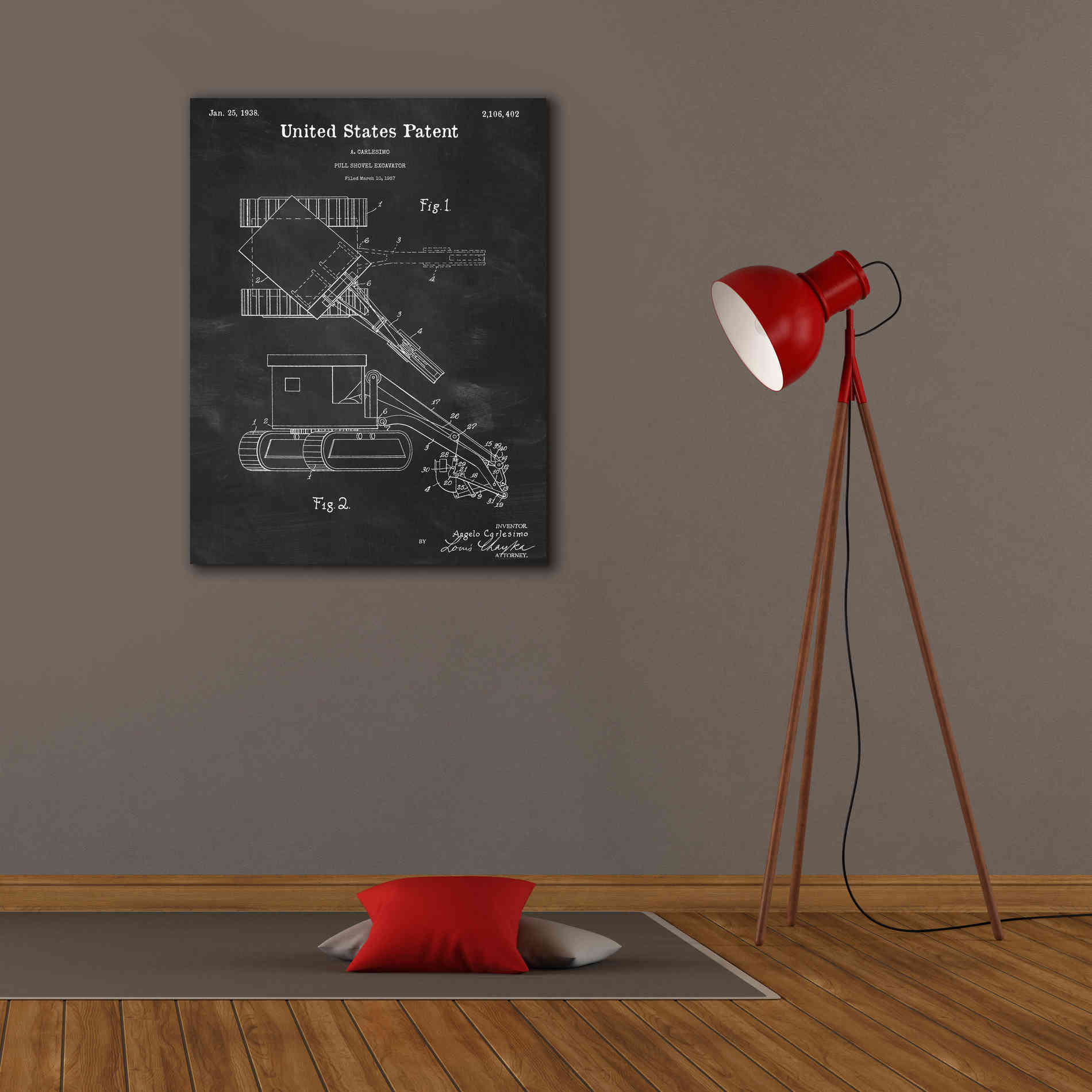'Pull Shovel Excavator Blueprint Patent Chalkboard,' Canvas Wall Art,26 x 34