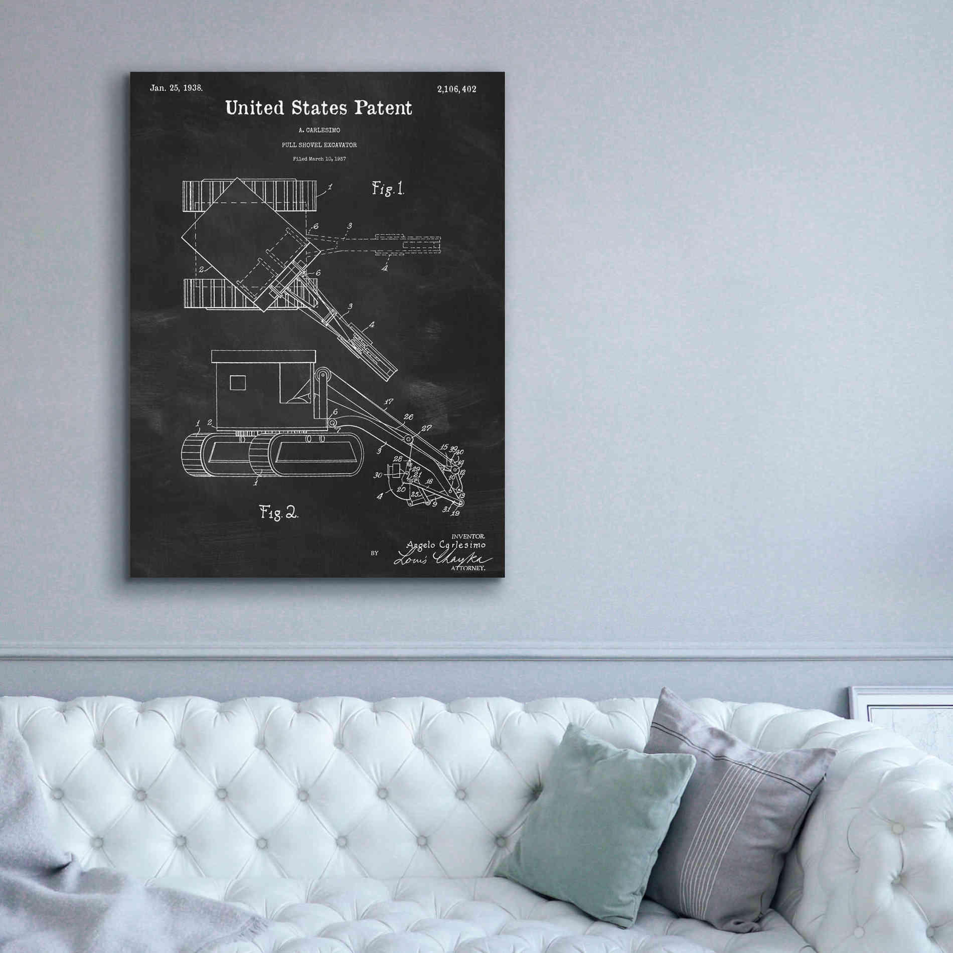 'Pull Shovel Excavator Blueprint Patent Chalkboard,' Canvas Wall Art,40 x 54