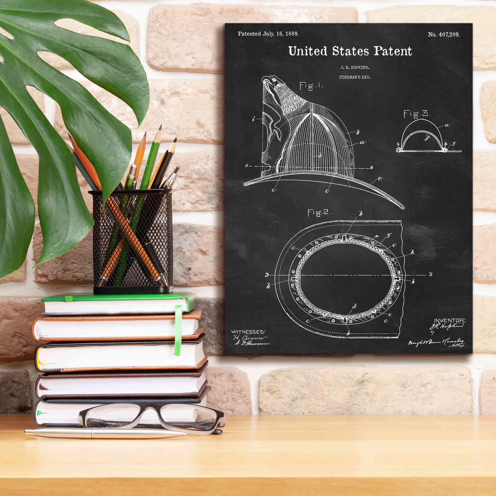 'Fireman's Hat Blueprint Patent Chalkboard,' Canvas Wall Art,12 x 16