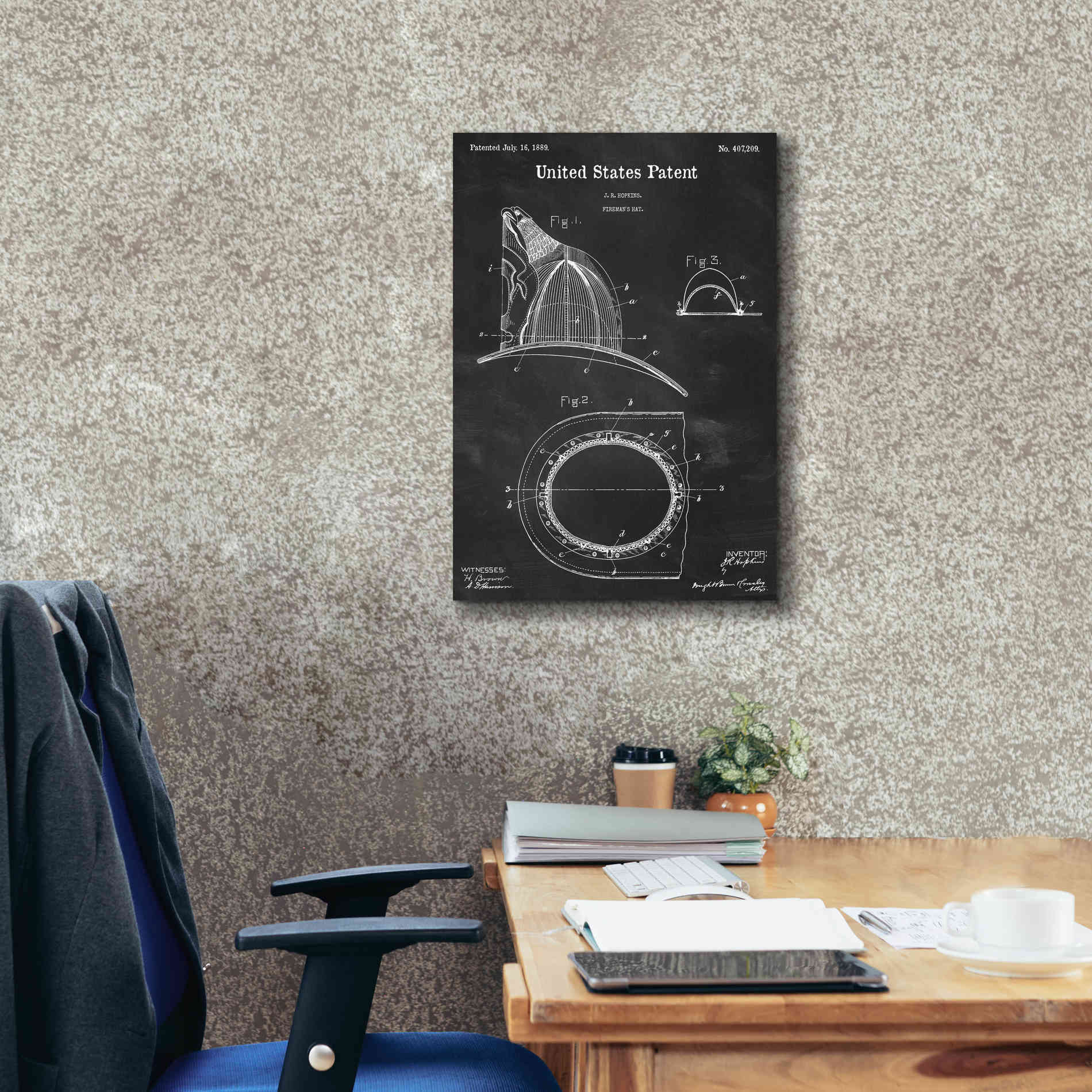 'Fireman's Hat Blueprint Patent Chalkboard,' Canvas Wall Art,18 x 26