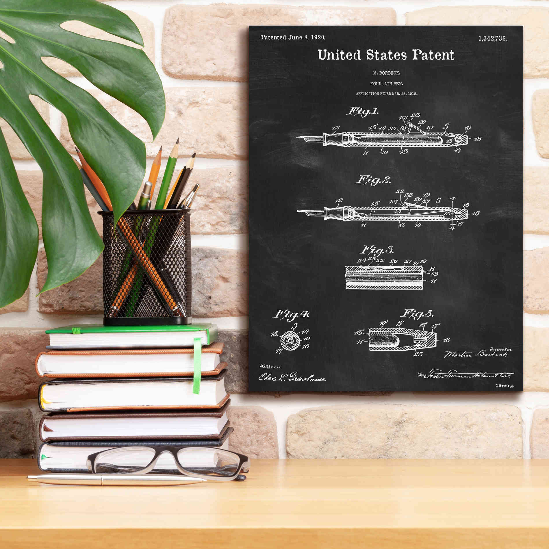 'Fountain Pen Blueprint Patent Chalkboard,' Canvas Wall Art,12 x 16