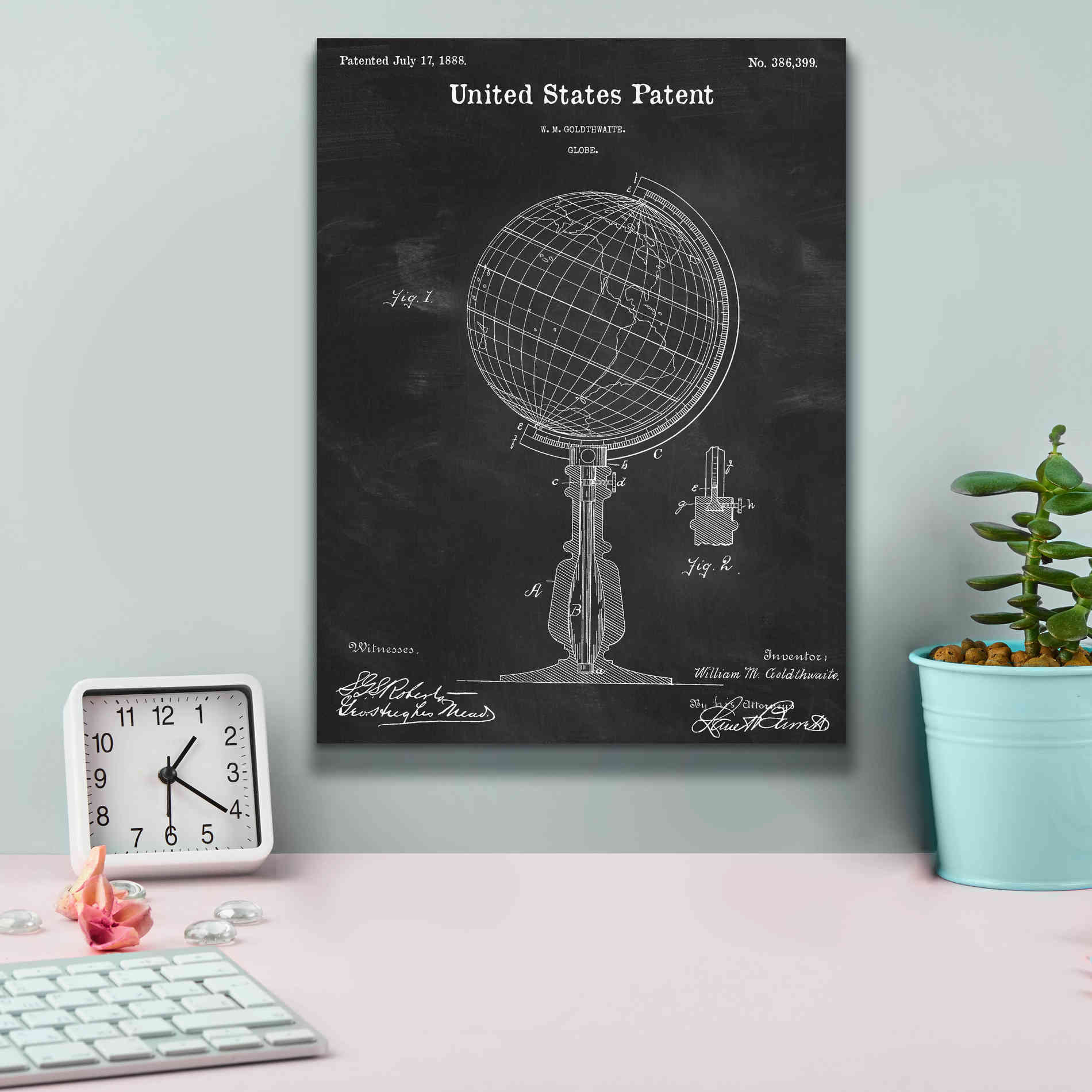 'globe Blueprint Patent Chalkboard,' Canvas Wall Art,12 x 16