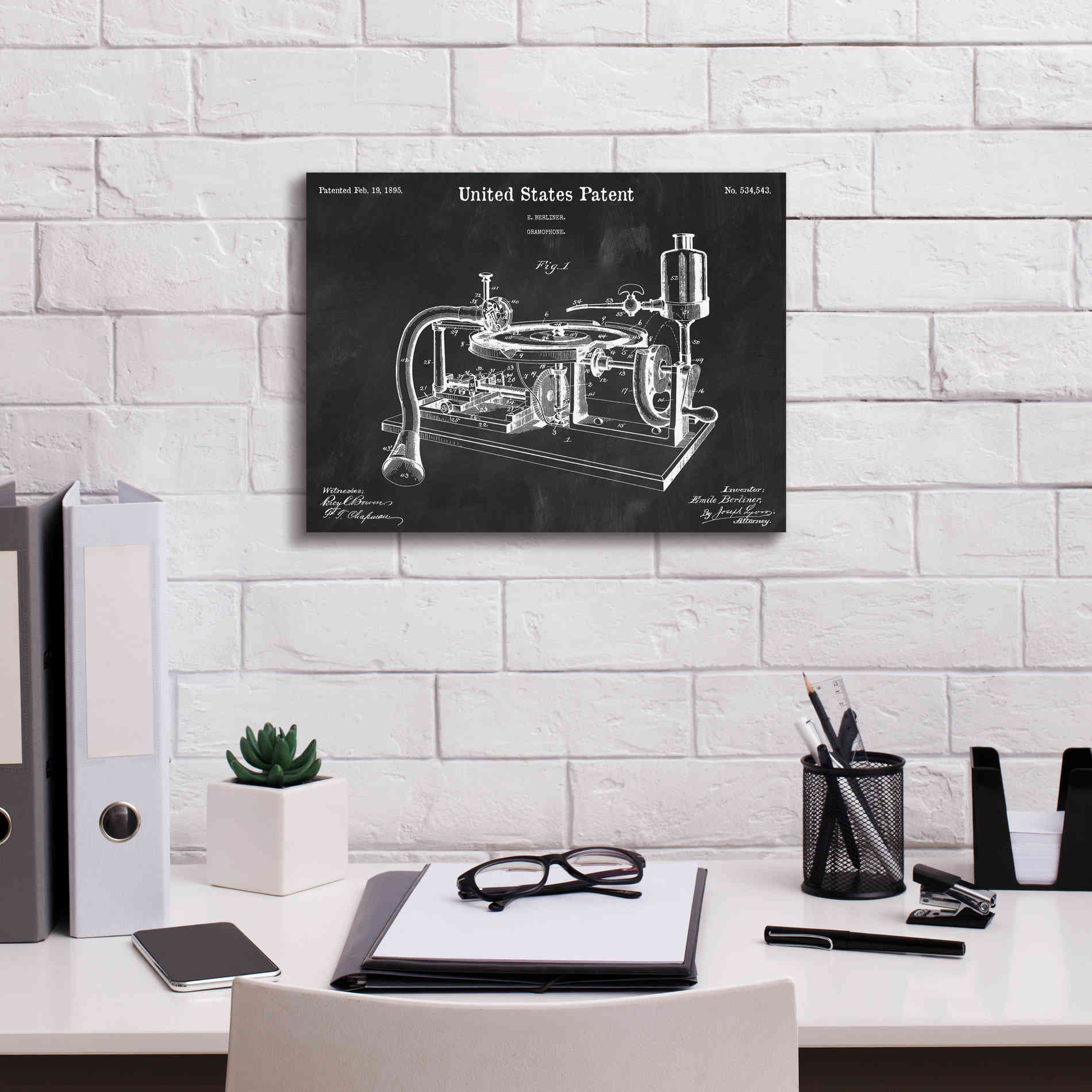 'Gramophone, 1895 Blueprint Patent Chalkboard,' Canvas Wall Art,16 x 12