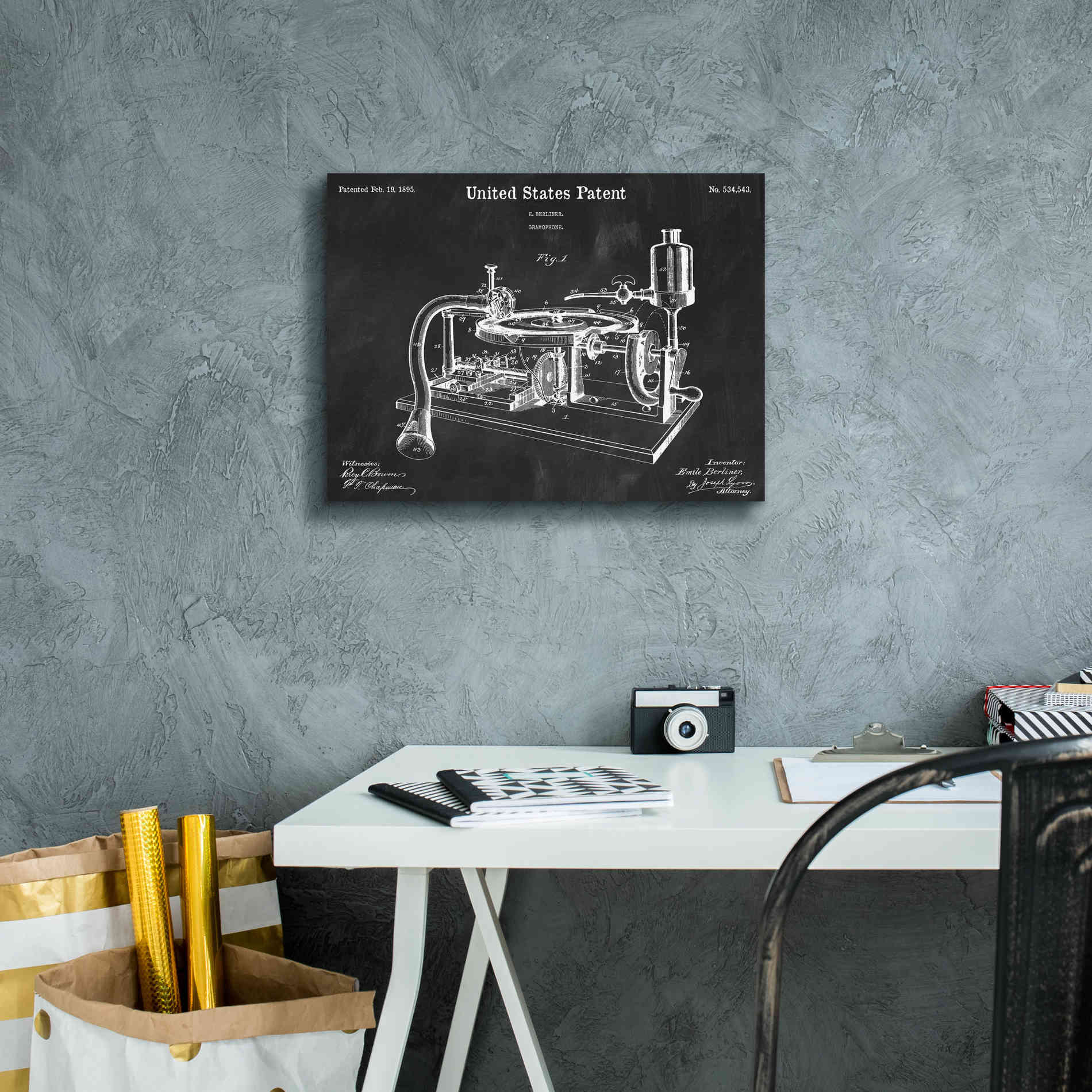 'Gramophone, 1895 Blueprint Patent Chalkboard,' Canvas Wall Art,16 x 12