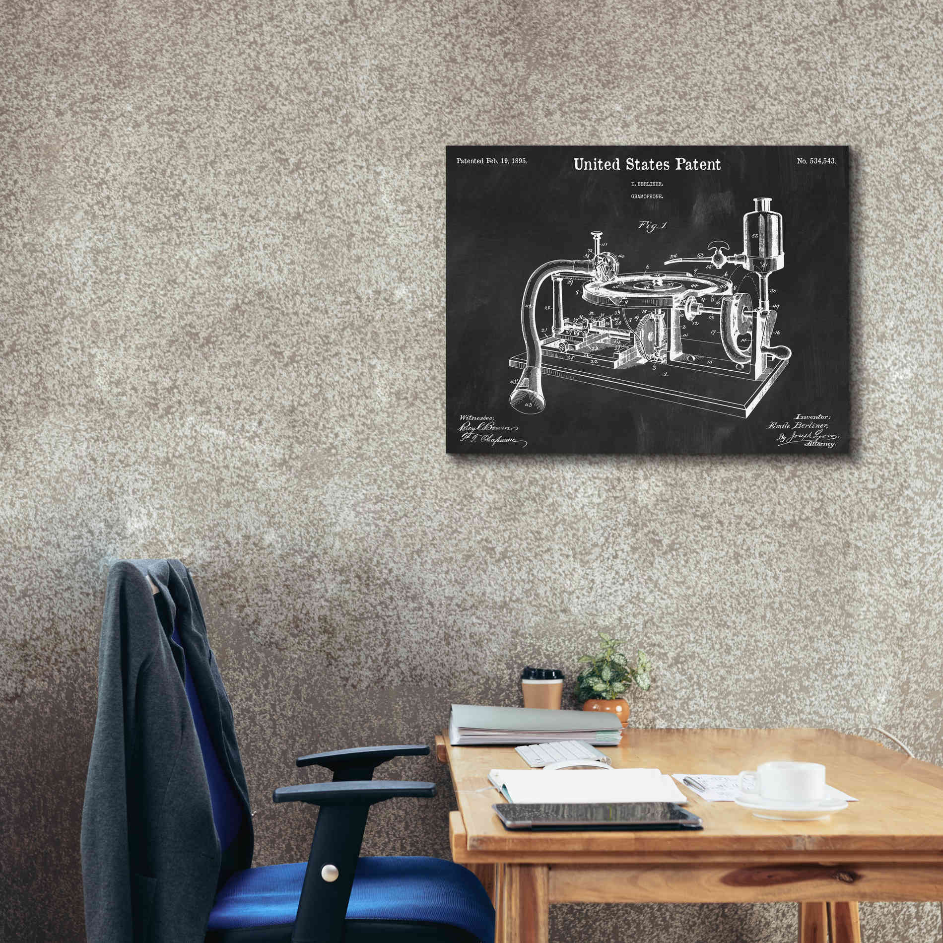 'Gramophone, 1895 Blueprint Patent Chalkboard,' Canvas Wall Art,34 x 26