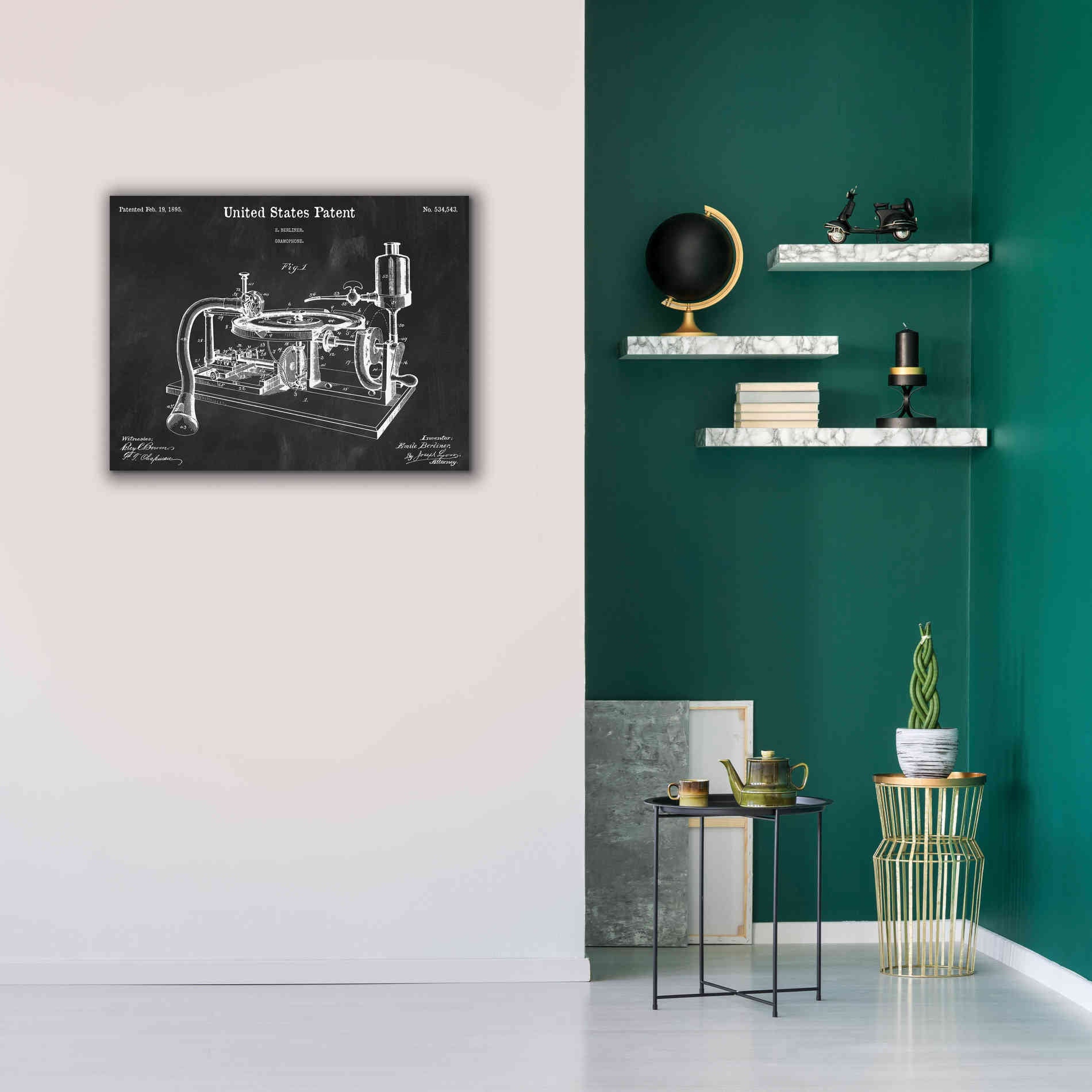 'Gramophone, 1895 Blueprint Patent Chalkboard,' Canvas Wall Art,34 x 26