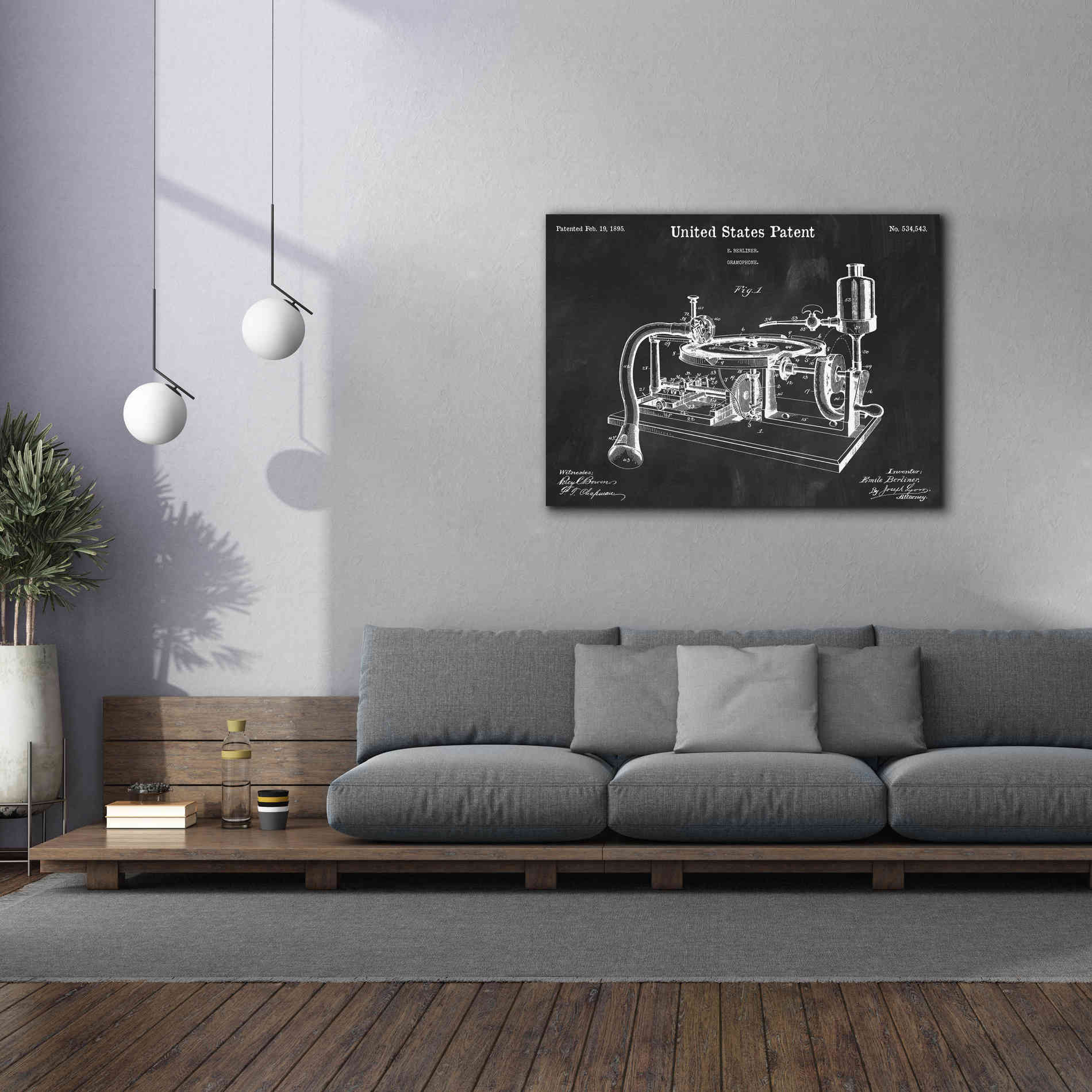 'Gramophone, 1895 Blueprint Patent Chalkboard,' Canvas Wall Art,54 x 40