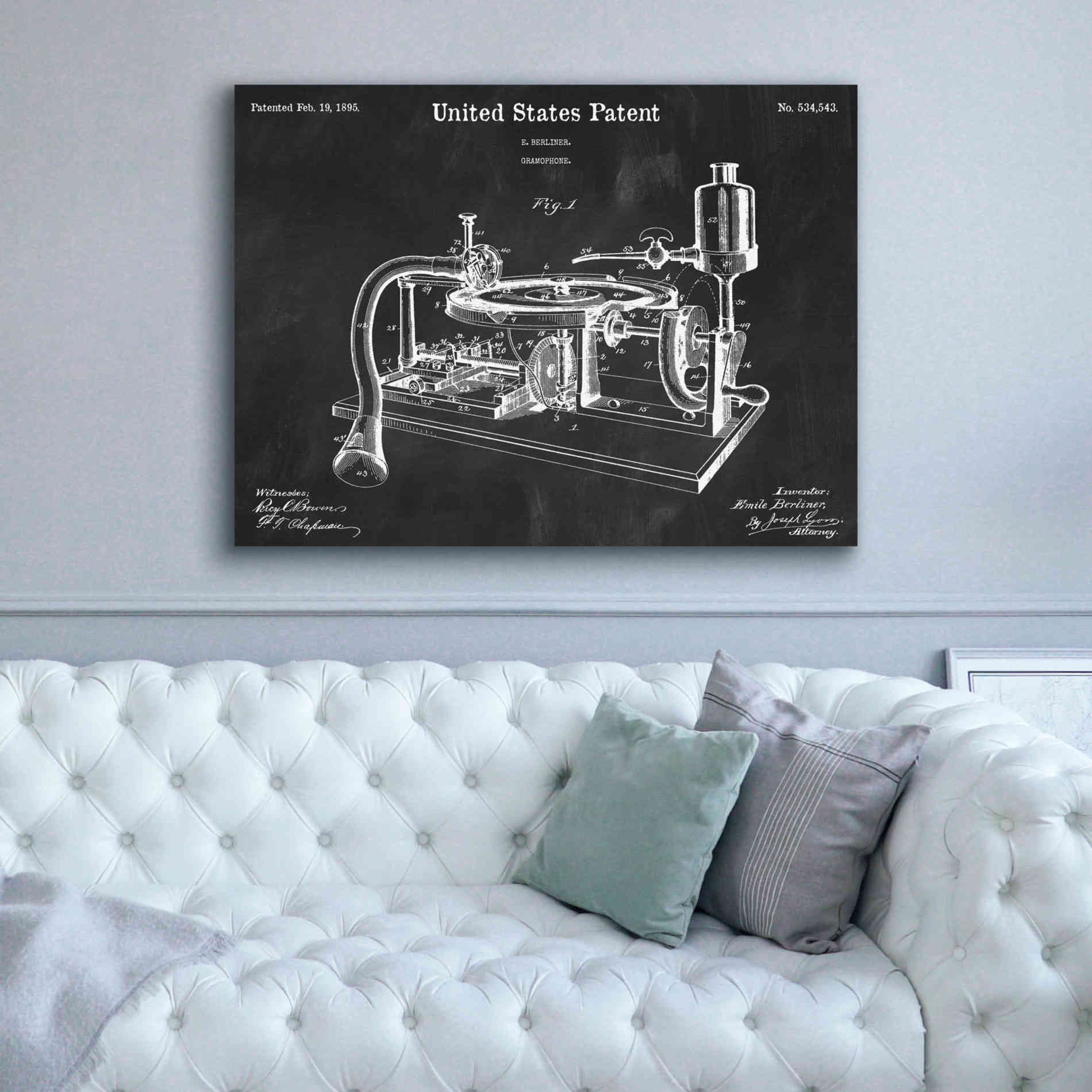 'Gramophone, 1895 Blueprint Patent Chalkboard,' Canvas Wall Art,54 x 40