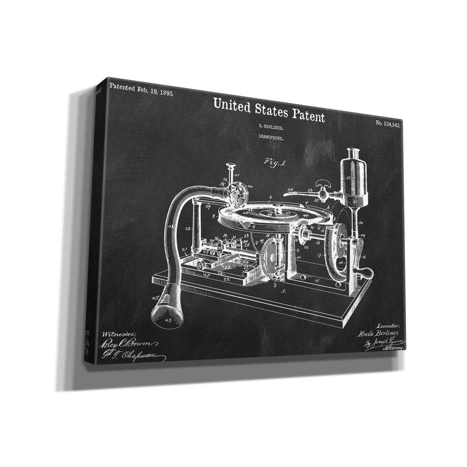 'Gramophone, 1895 Blueprint Patent Chalkboard,' Canvas Wall Art,16x12x1.1x0,26x18x1.1x0,34x26x1.74x0,54x40x1.74x0