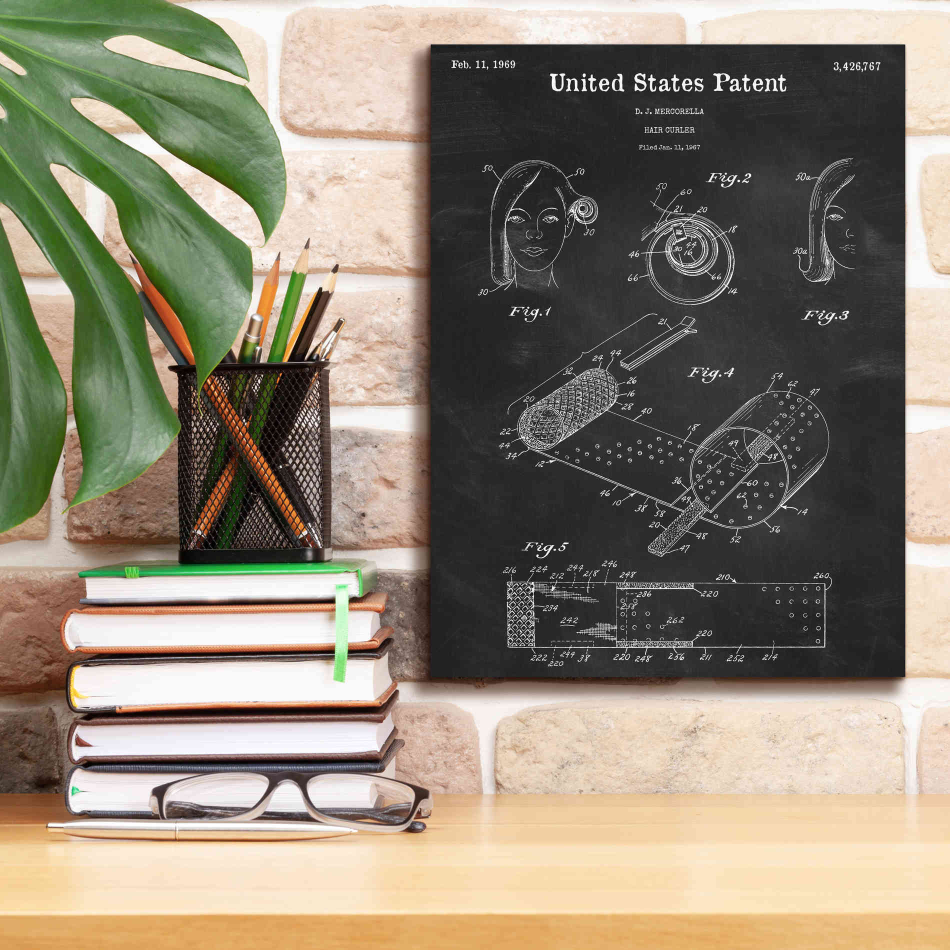 'Hair Curler Blueprint Patent Chalkboard,' Canvas Wall Art,12 x 16