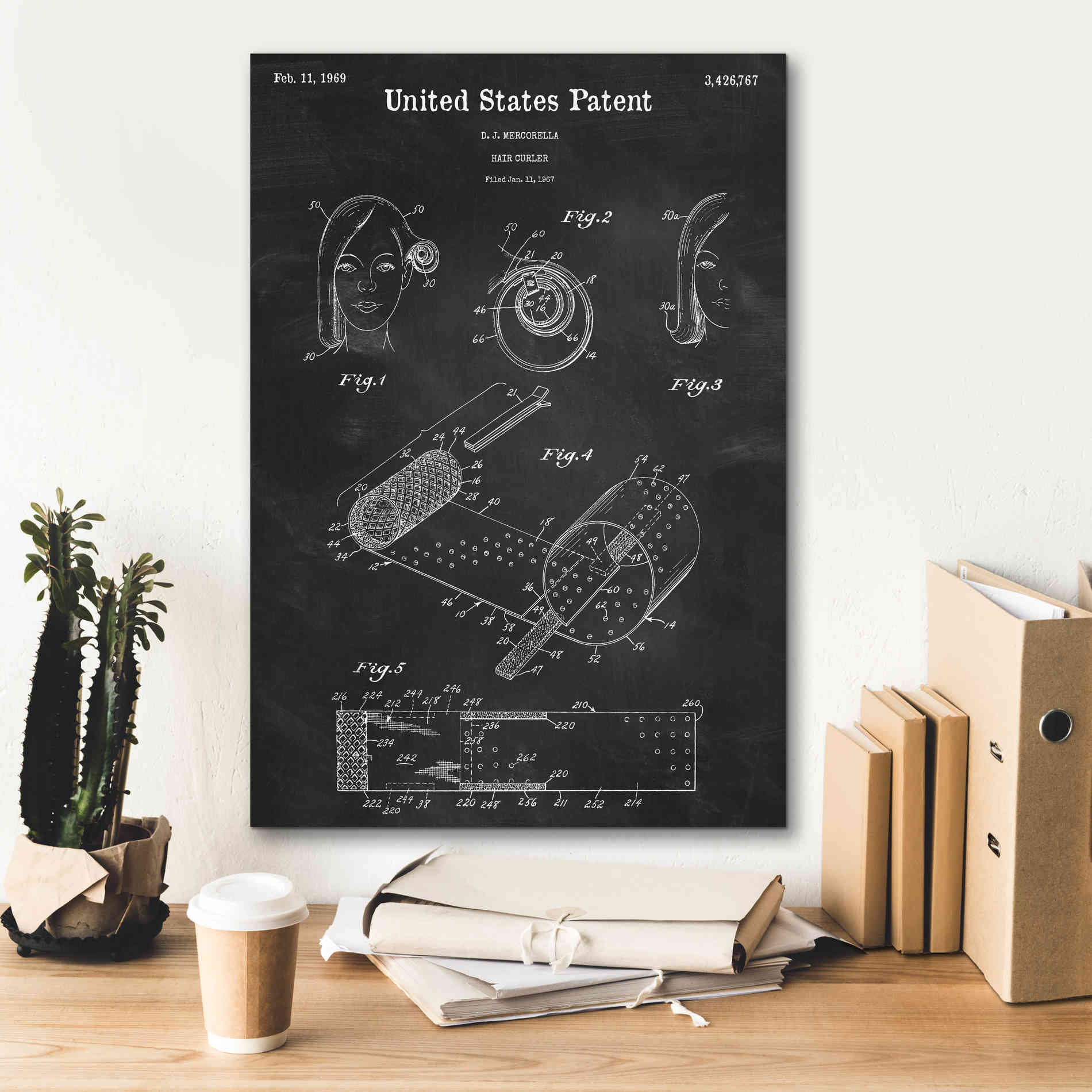 'Hair Curler Blueprint Patent Chalkboard,' Canvas Wall Art,18 x 26