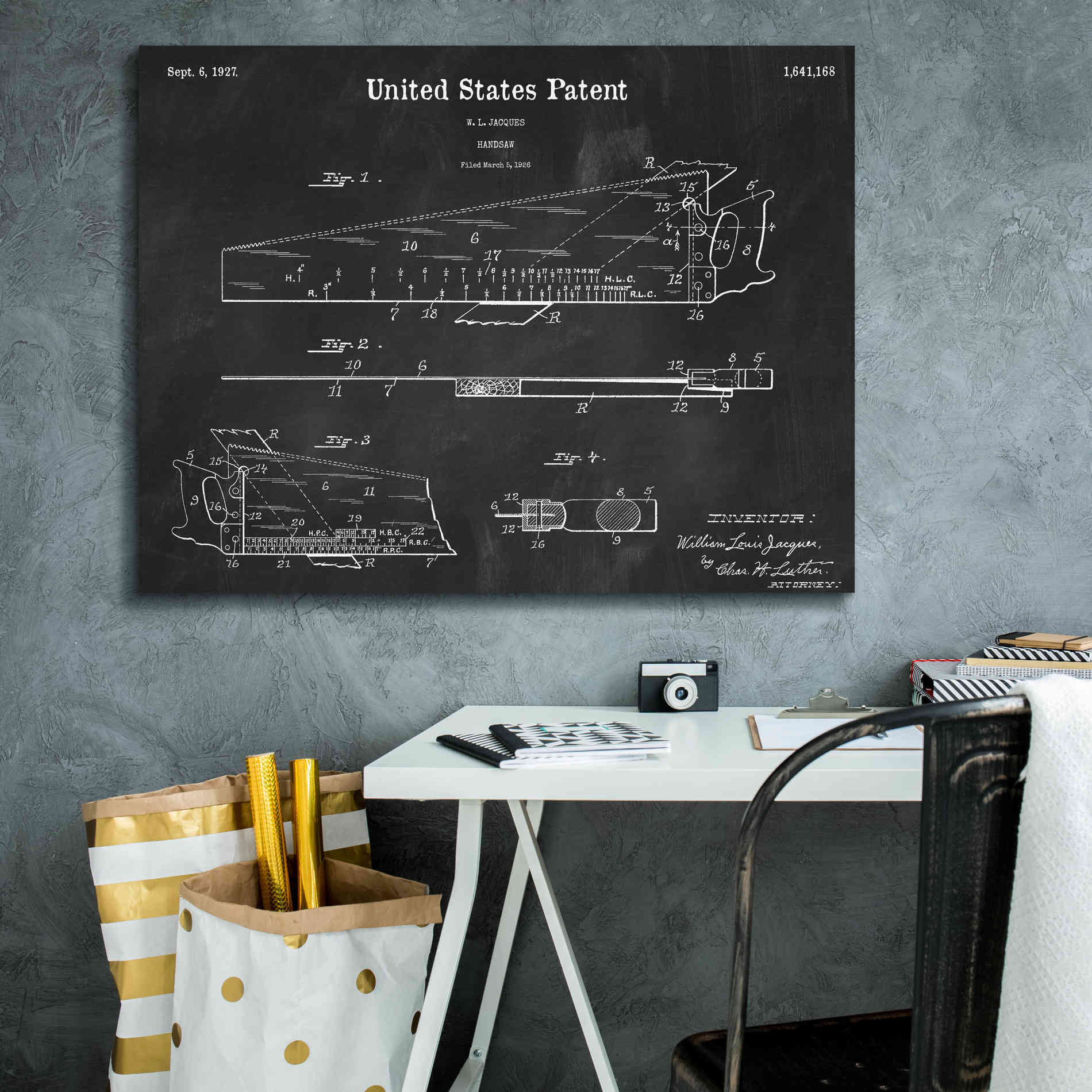 'Handsaw Blueprint Patent Chalkboard,' Canvas Wall Art,34 x 26