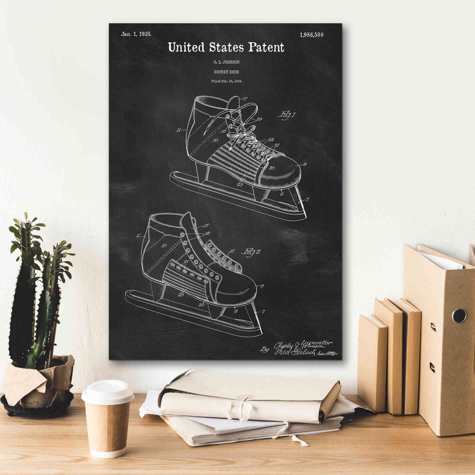 'Hockey Shoe, 1935 Blueprint Patent Chalkboard,' Canvas Wall Art,18 x 26