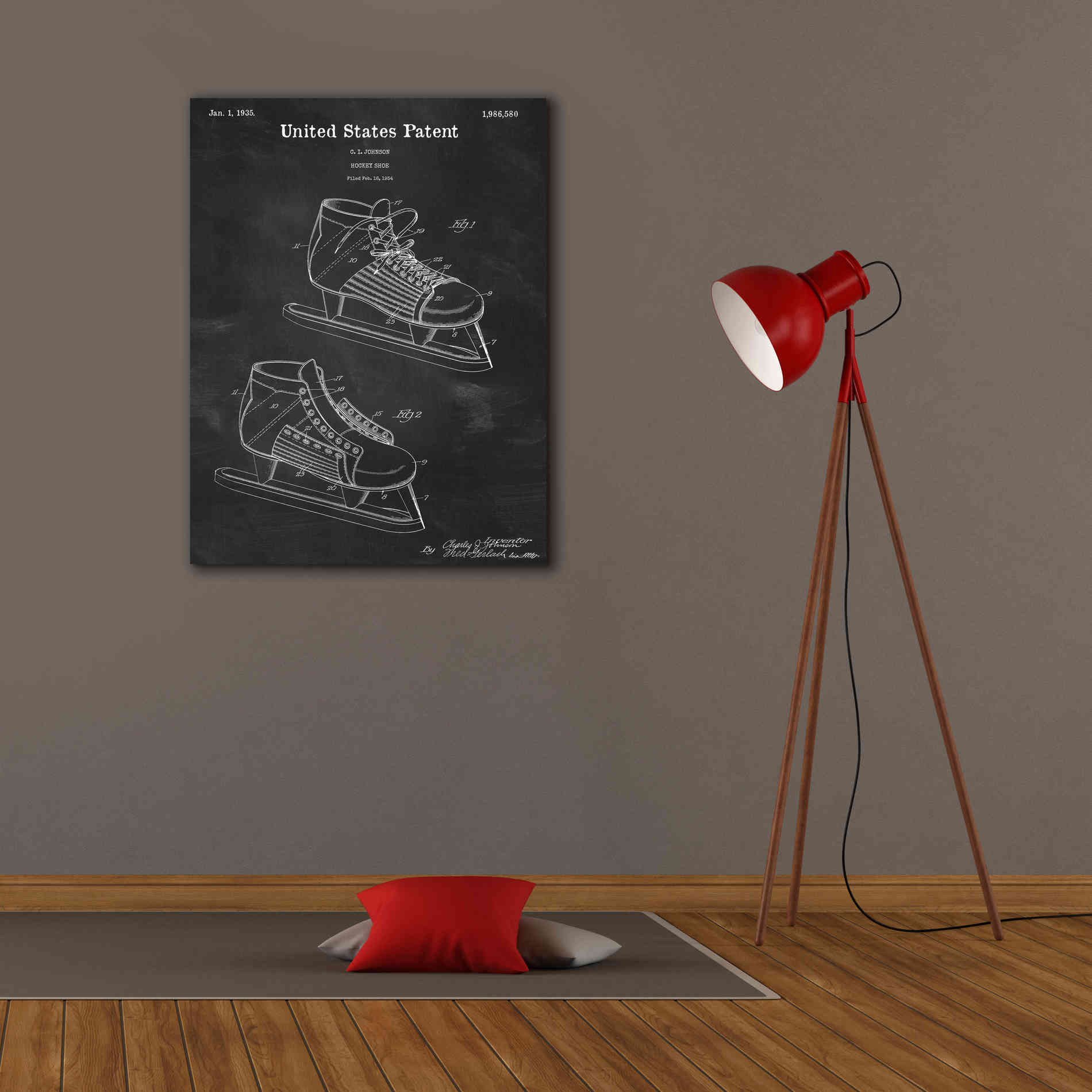 'Hockey Shoe, 1935 Blueprint Patent Chalkboard,' Canvas Wall Art,26 x 34