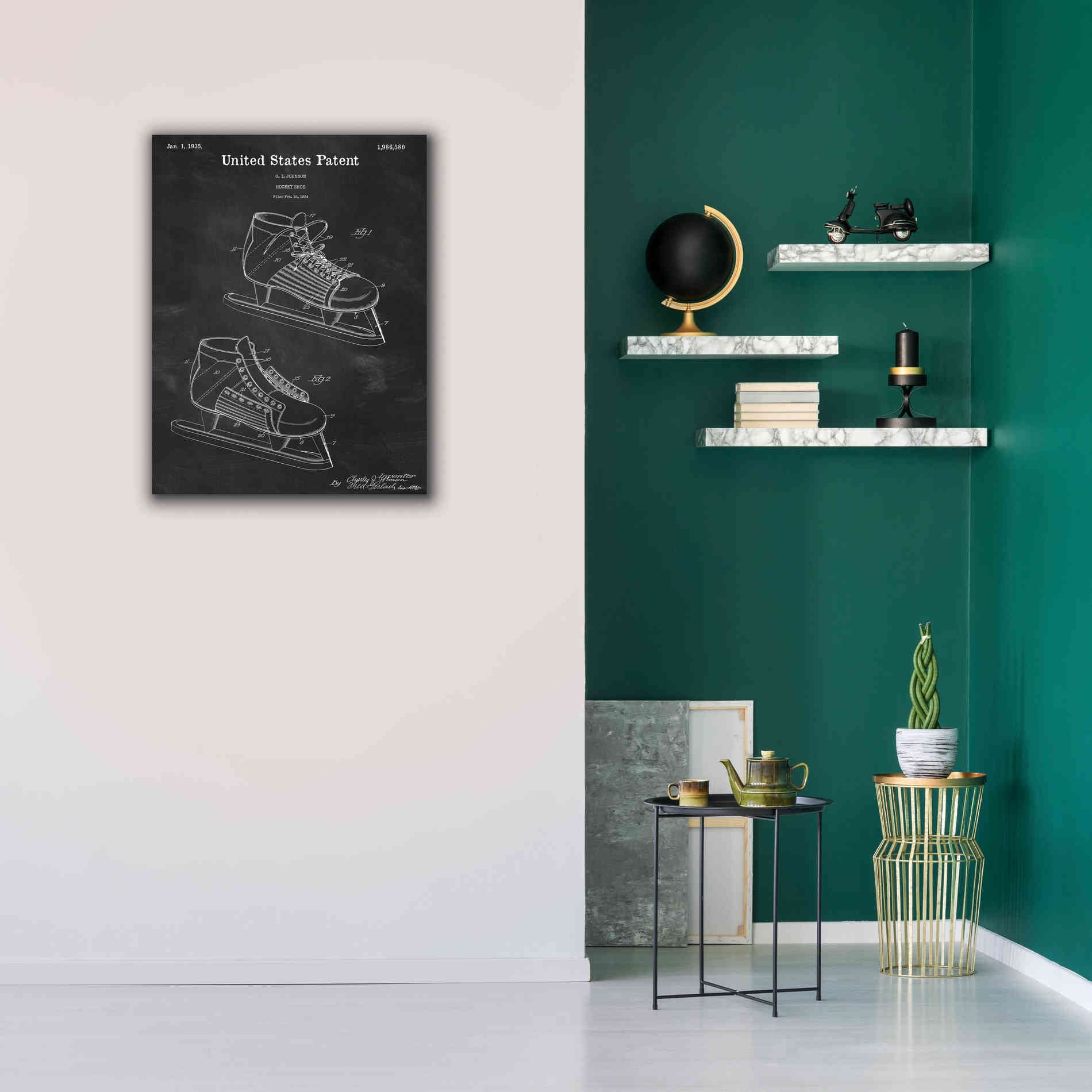 'Hockey Shoe, 1935 Blueprint Patent Chalkboard,' Canvas Wall Art,26 x 34