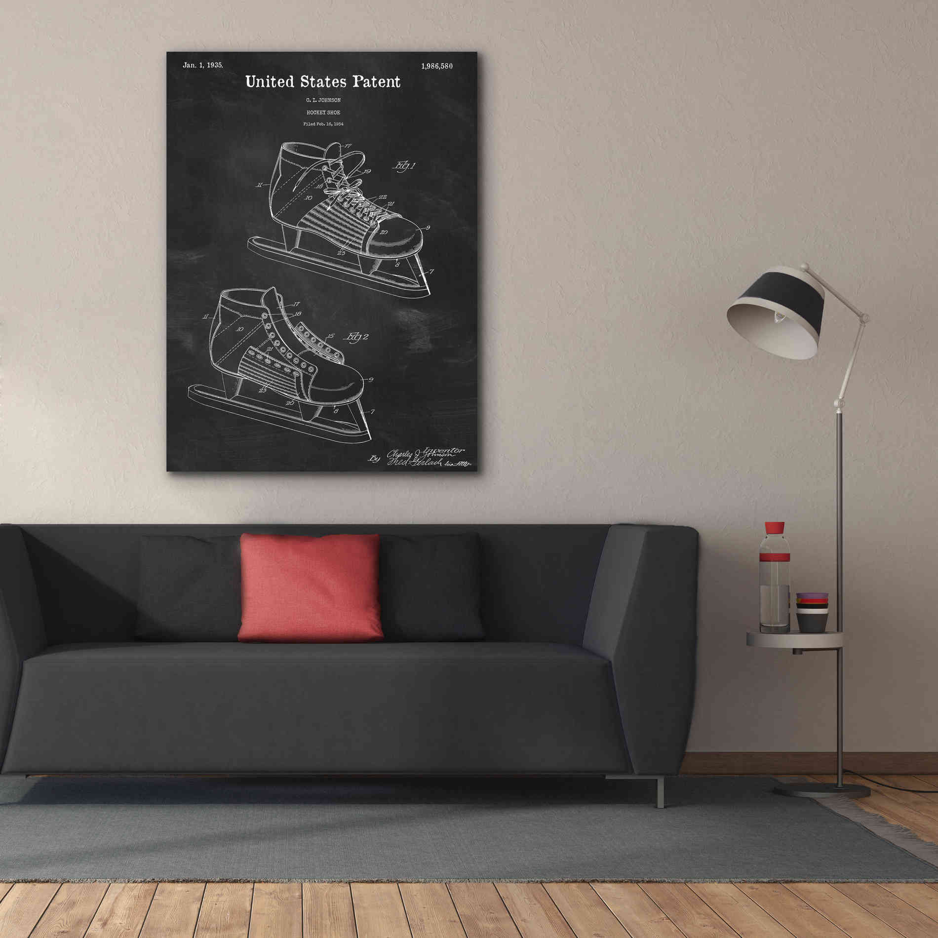 'Hockey Shoe, 1935 Blueprint Patent Chalkboard,' Canvas Wall Art,40 x 54
