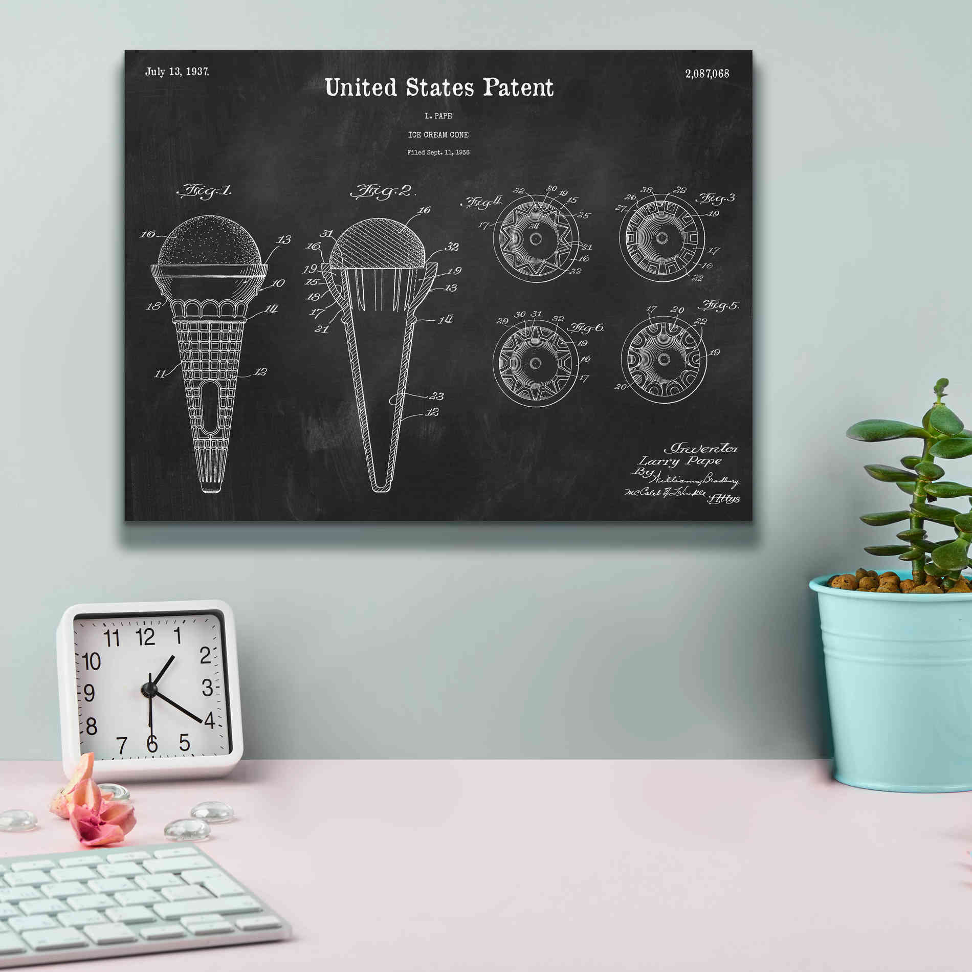 'Ice Cream Cone Blueprint Patent Chalkboard,' Canvas Wall Art,16 x 12