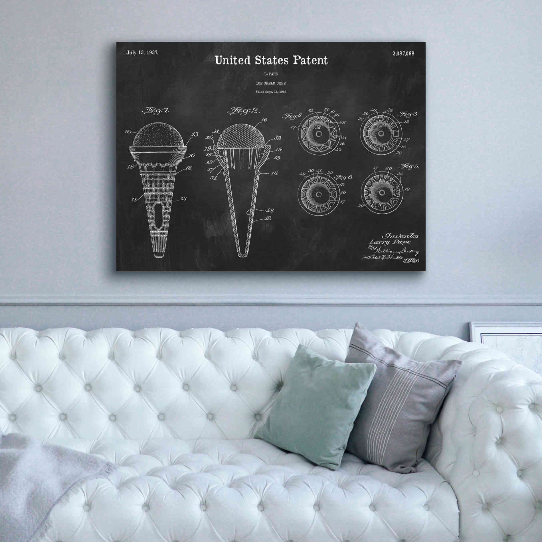 'Ice Cream Cone Blueprint Patent Chalkboard,' Canvas Wall Art,54 x 40