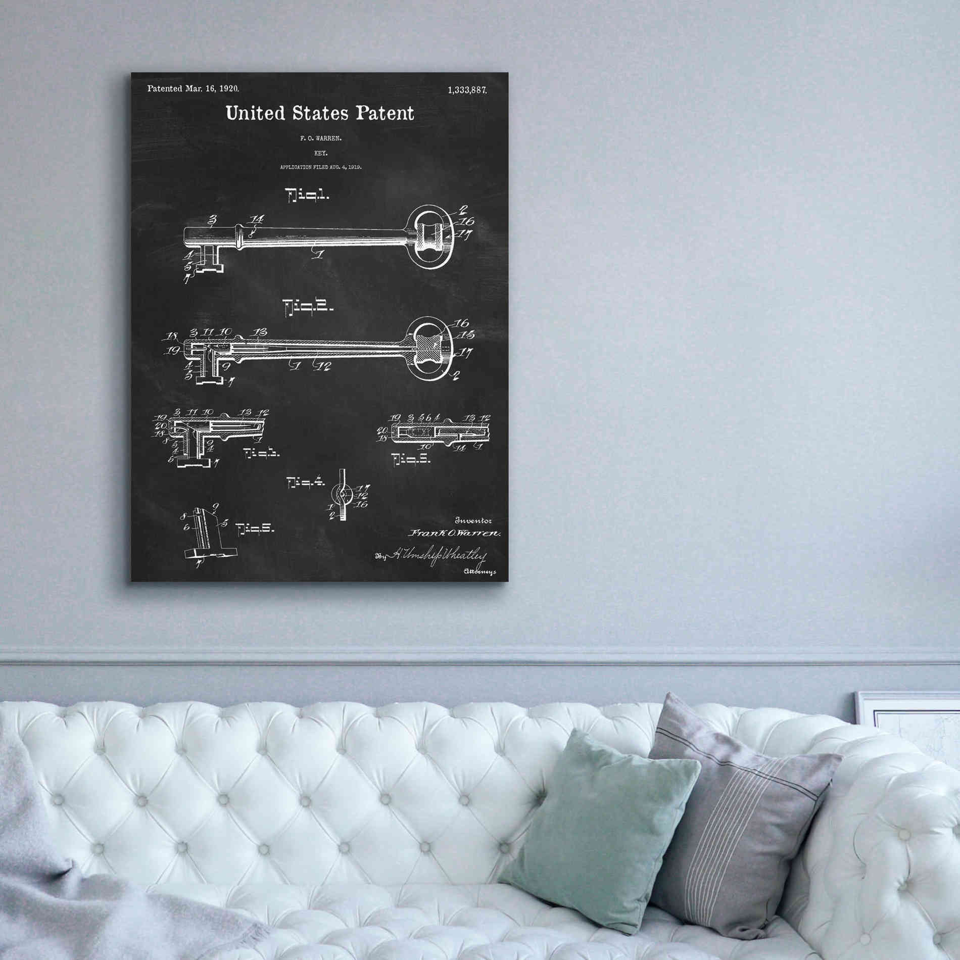 'Vintage Key Blueprint Patent Chalkboard,' Canvas Wall Art,40 x 54