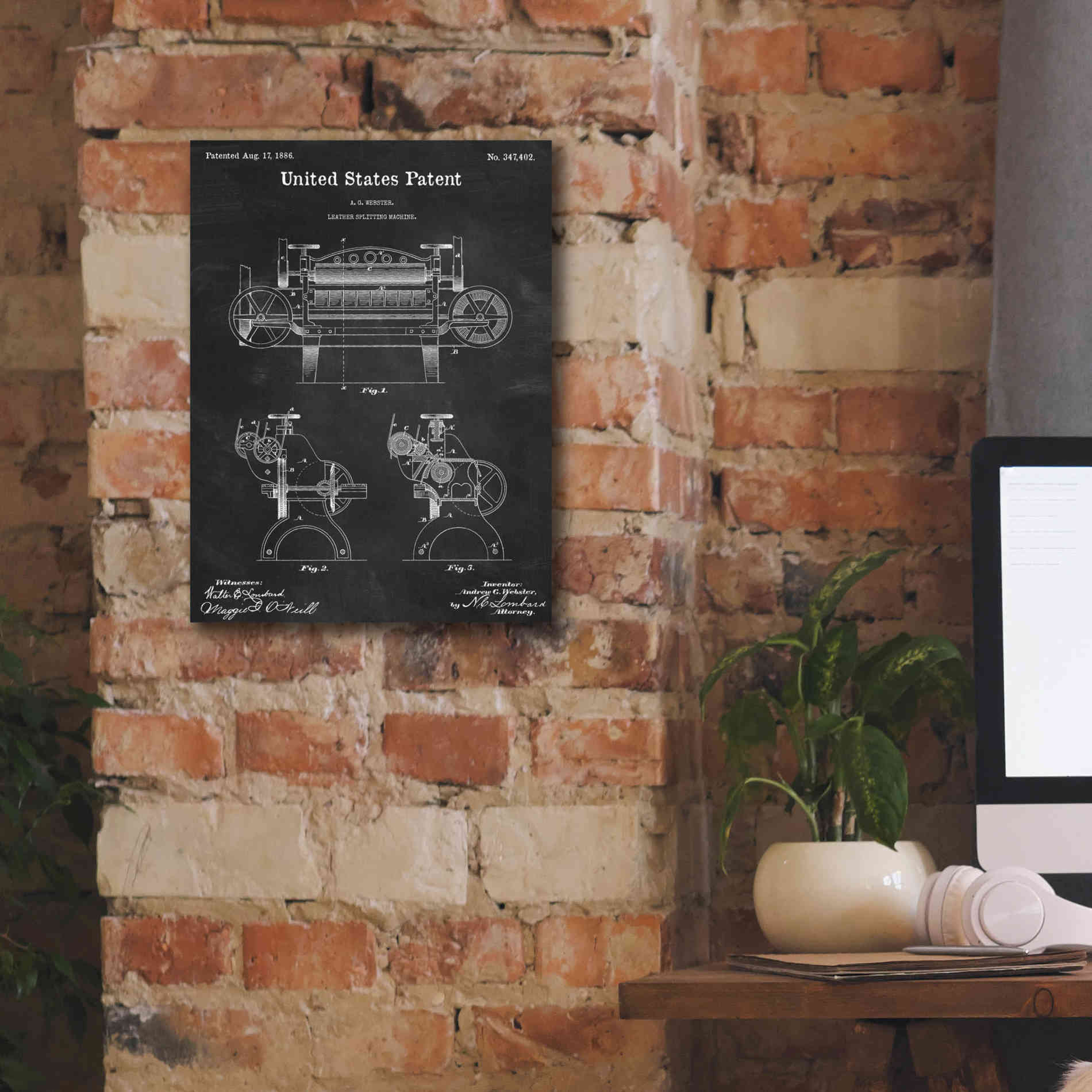 'Leather Splitting Machine Blueprint Patent Chalkboard,' Canvas Wall Art,12 x 16