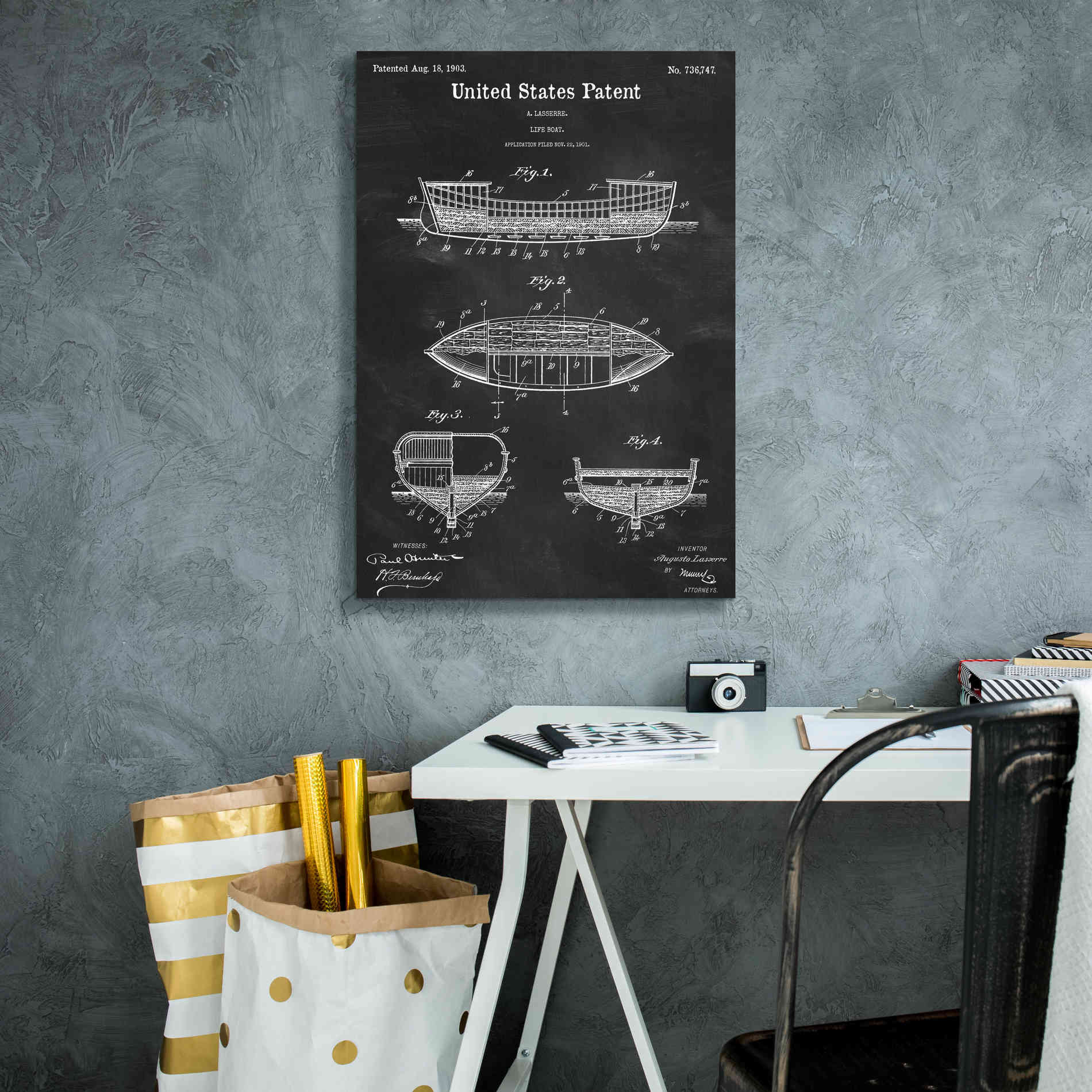 'Lifeboat Blueprint Patent Chalkboard,' Canvas Wall Art,18 x 26
