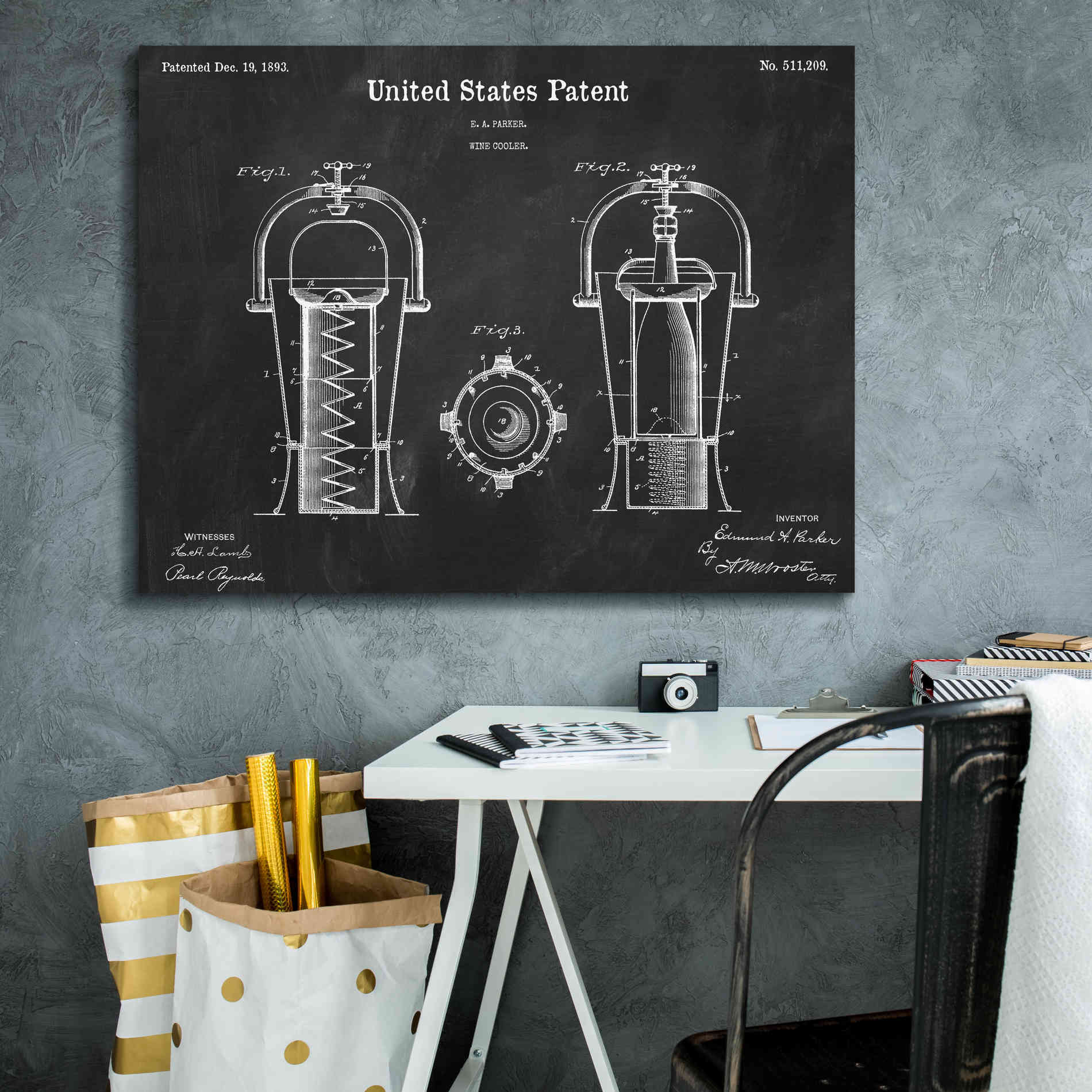 'Wine Cooler Blueprint Patent Chalkboard,' Canvas Wall Art,34 x 26