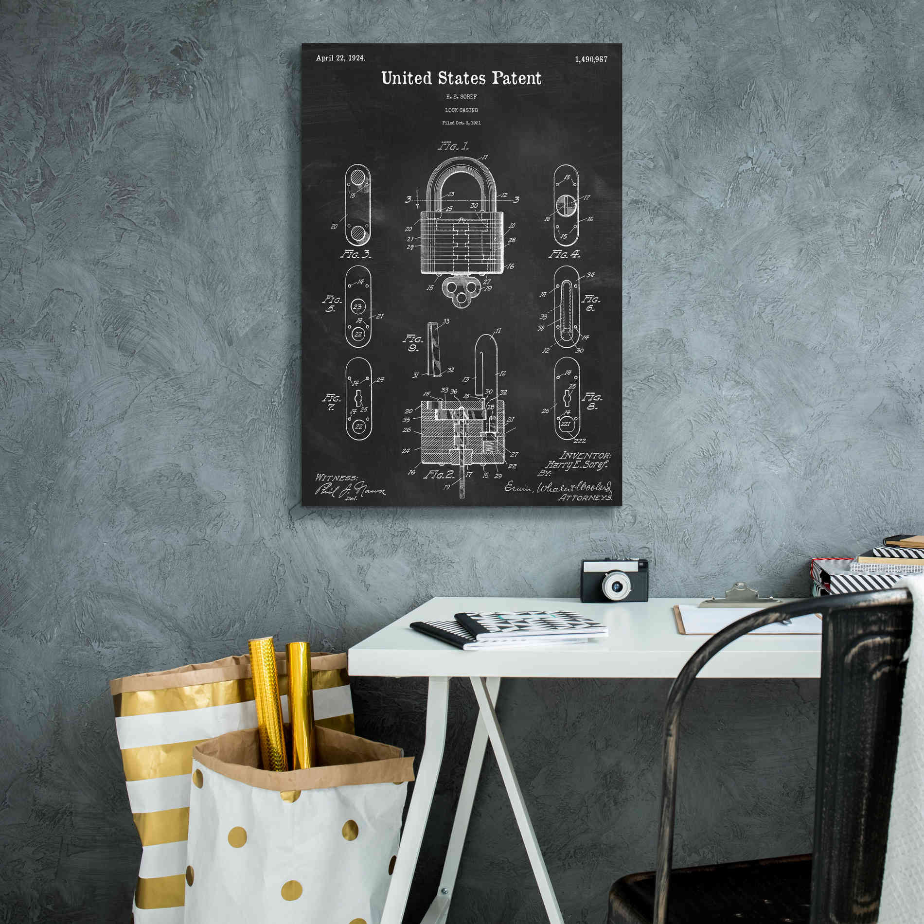 'Lock Blueprint Patent Chalkboard,' Canvas Wall Art,18 x 26