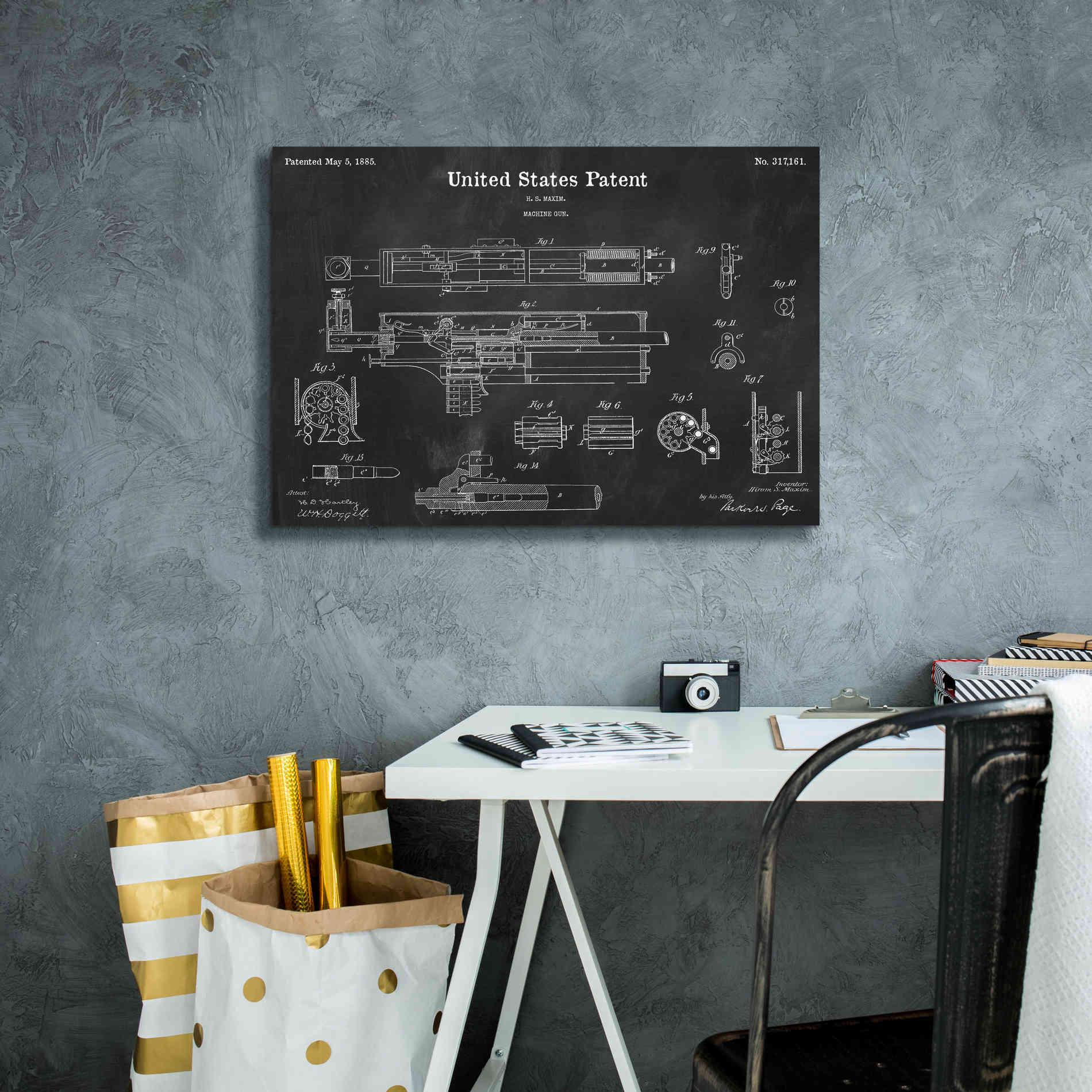 'Machine Gun Blueprint Patent Chalkboard,' Canvas Wall Art,26 x 18