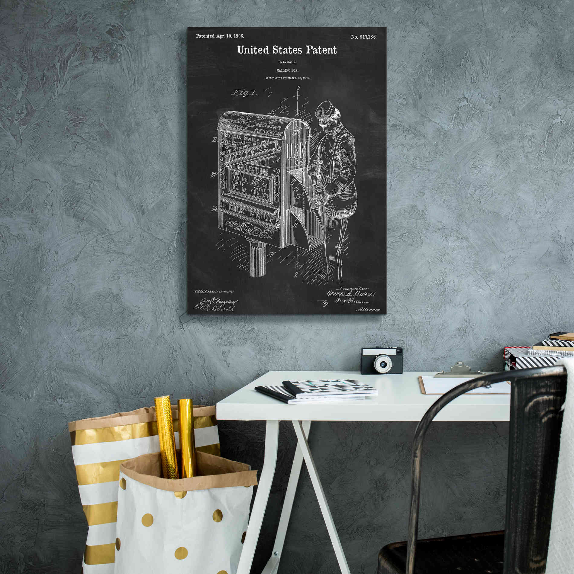 'Mailbox Blueprint Patent Chalkboard,' Canvas Wall Art,18 x 26