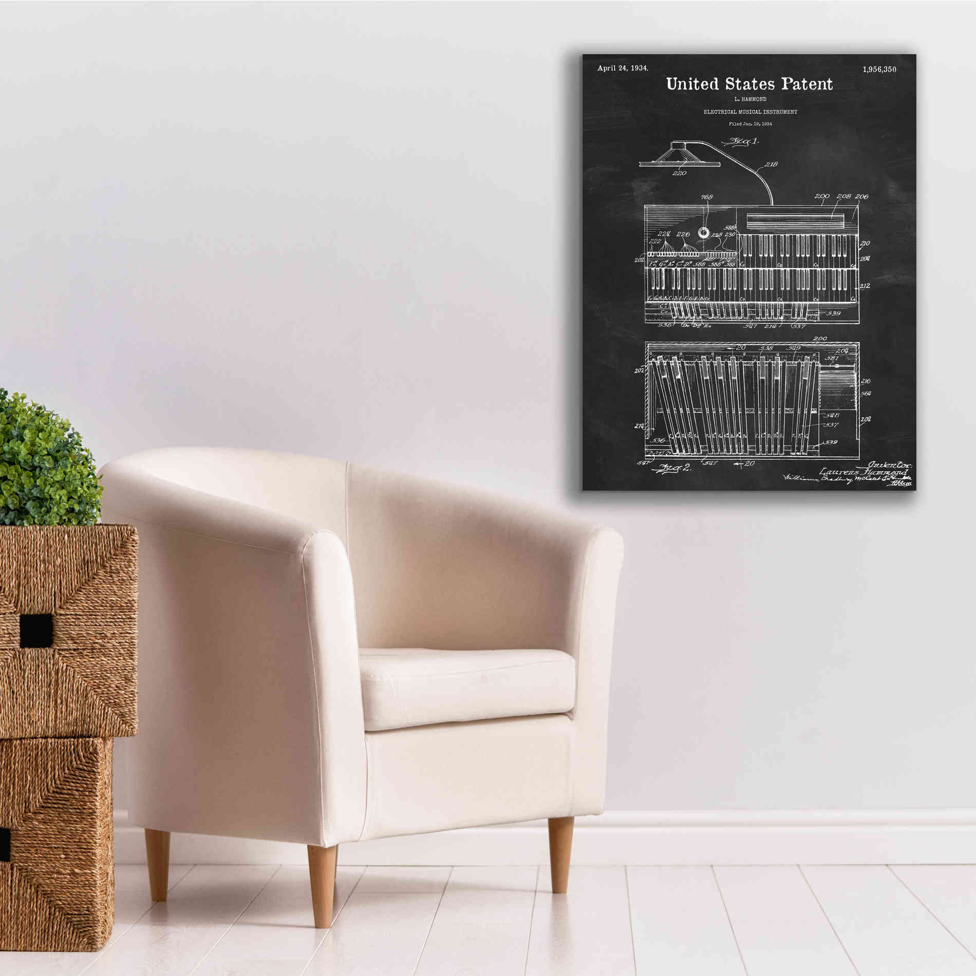'Keyboard Instrument Blueprint Patent Chalkboard,' Canvas Wall Art,26 x 34