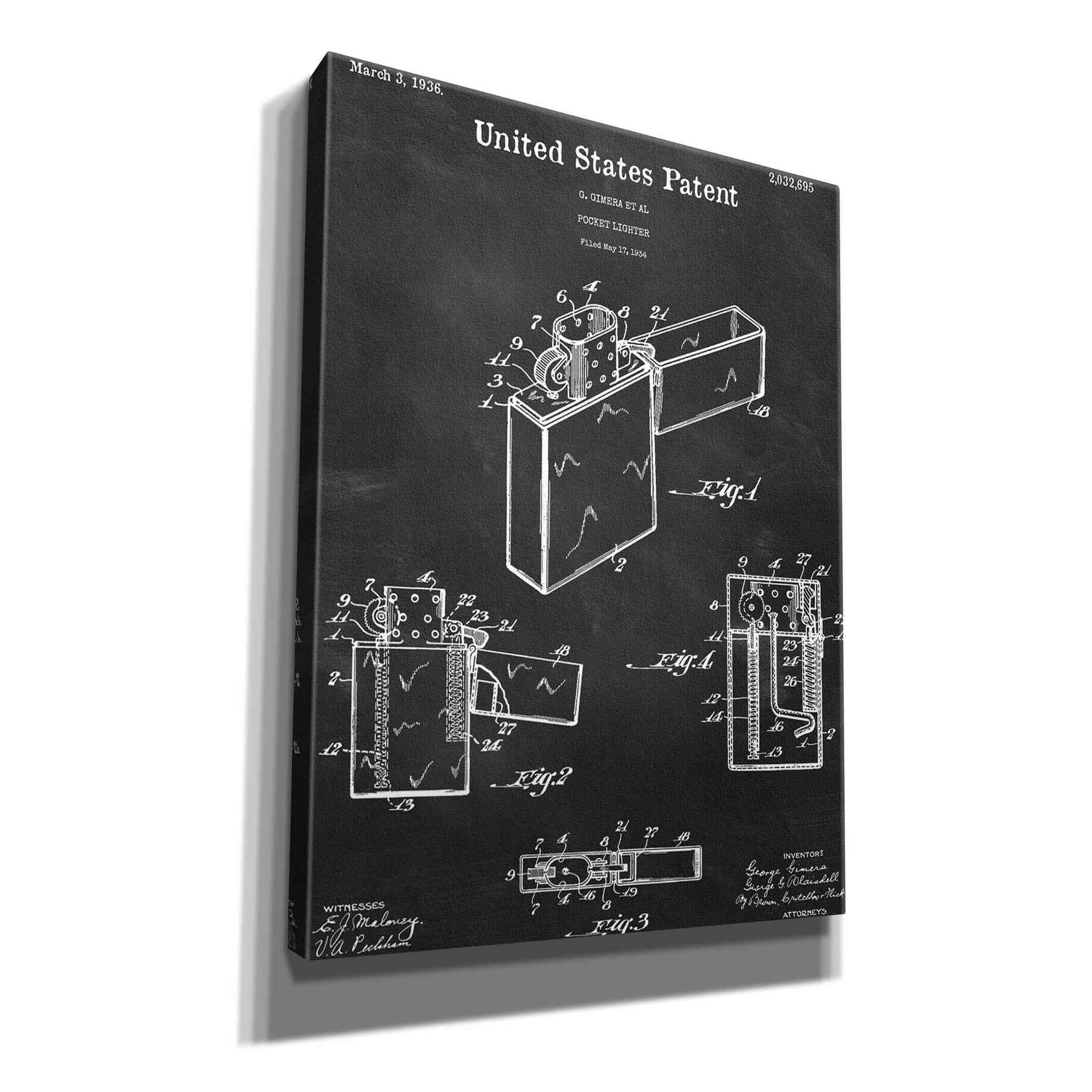 'Pocket Lighter Blueprint Patent Chalkboard,' Canvas Wall Art,12x16x1.1x0,18x26x1.1x0,26x34x1.74x0,40x54x1.74x0