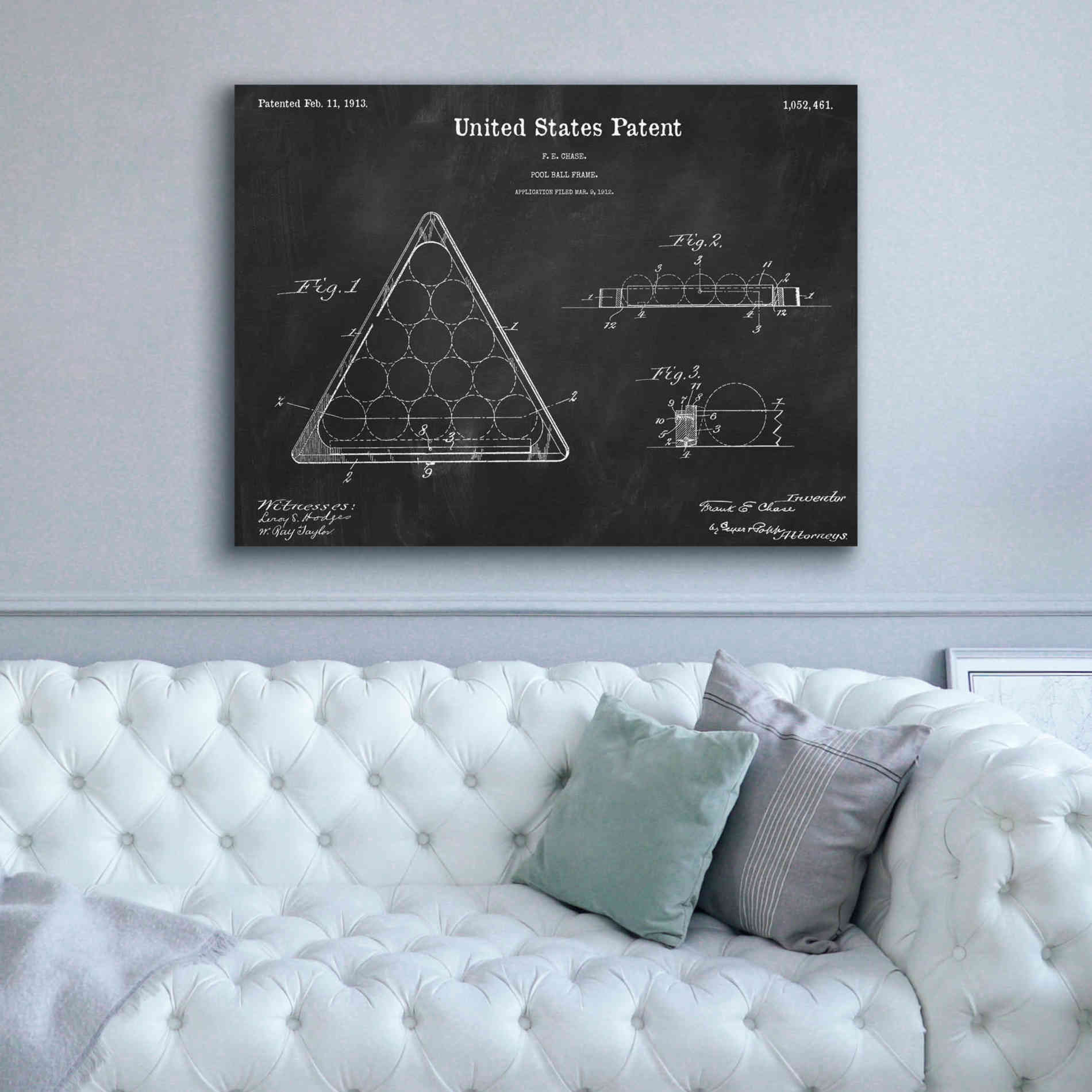 'Pool Ball Frame Blueprint Patent Chalkboard,' Canvas Wall Art,54 x 40