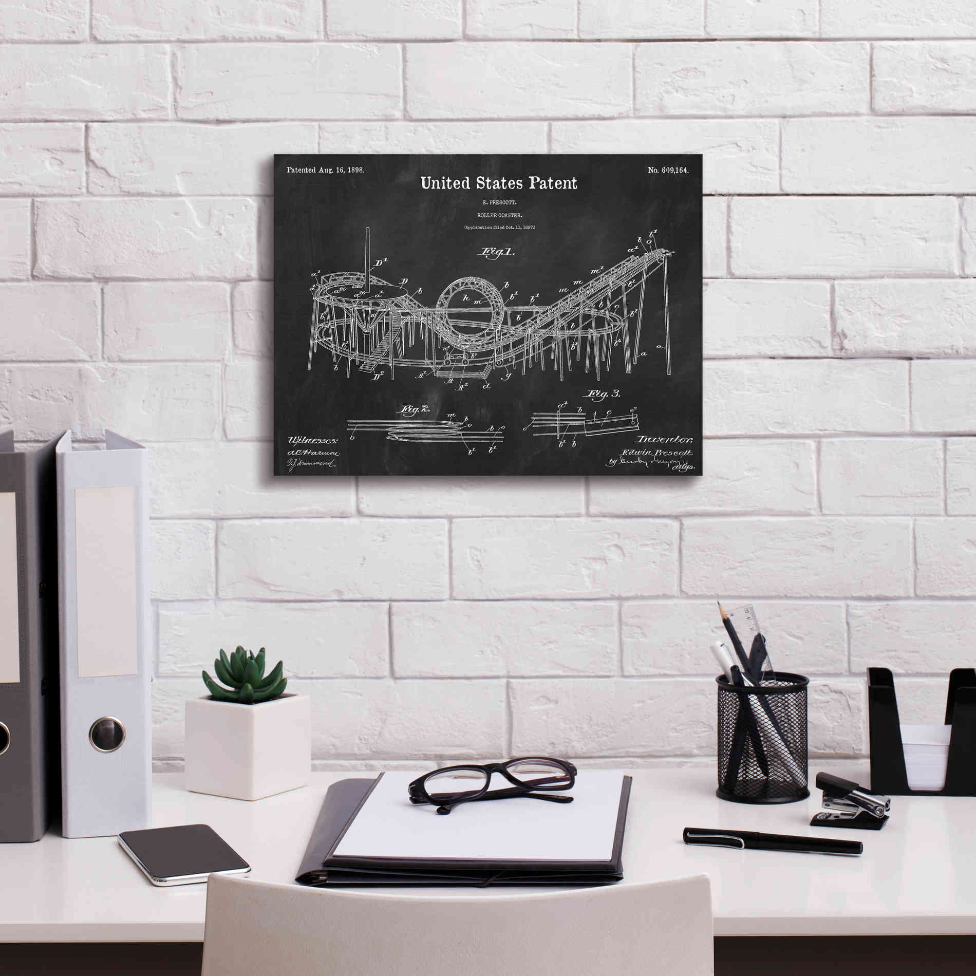'Roller Coaster Blueprint Patent Chalkboard,' Canvas Wall Art,16 x 12