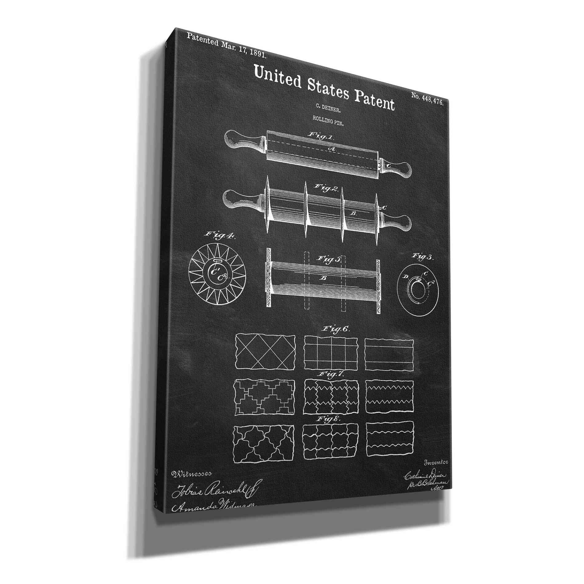'Rolling Pin Blueprint Patent Chalkboard,' Canvas Wall Art,12x16x1.1x0,18x26x1.1x0,26x34x1.74x0,40x54x1.74x0
