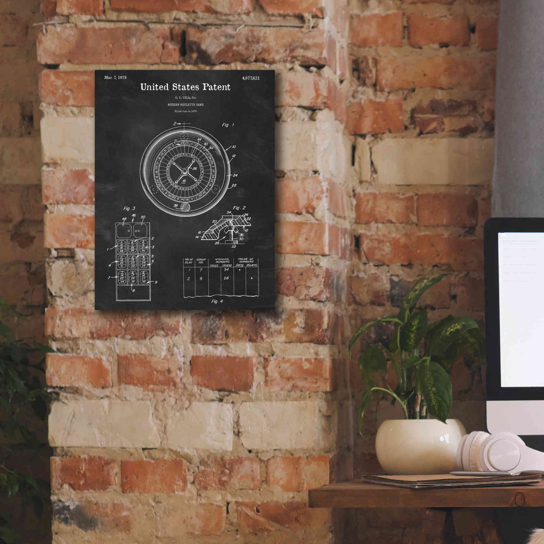 'Roulette Blueprint Patent Chalkboard,' Canvas Wall Art,12 x 16