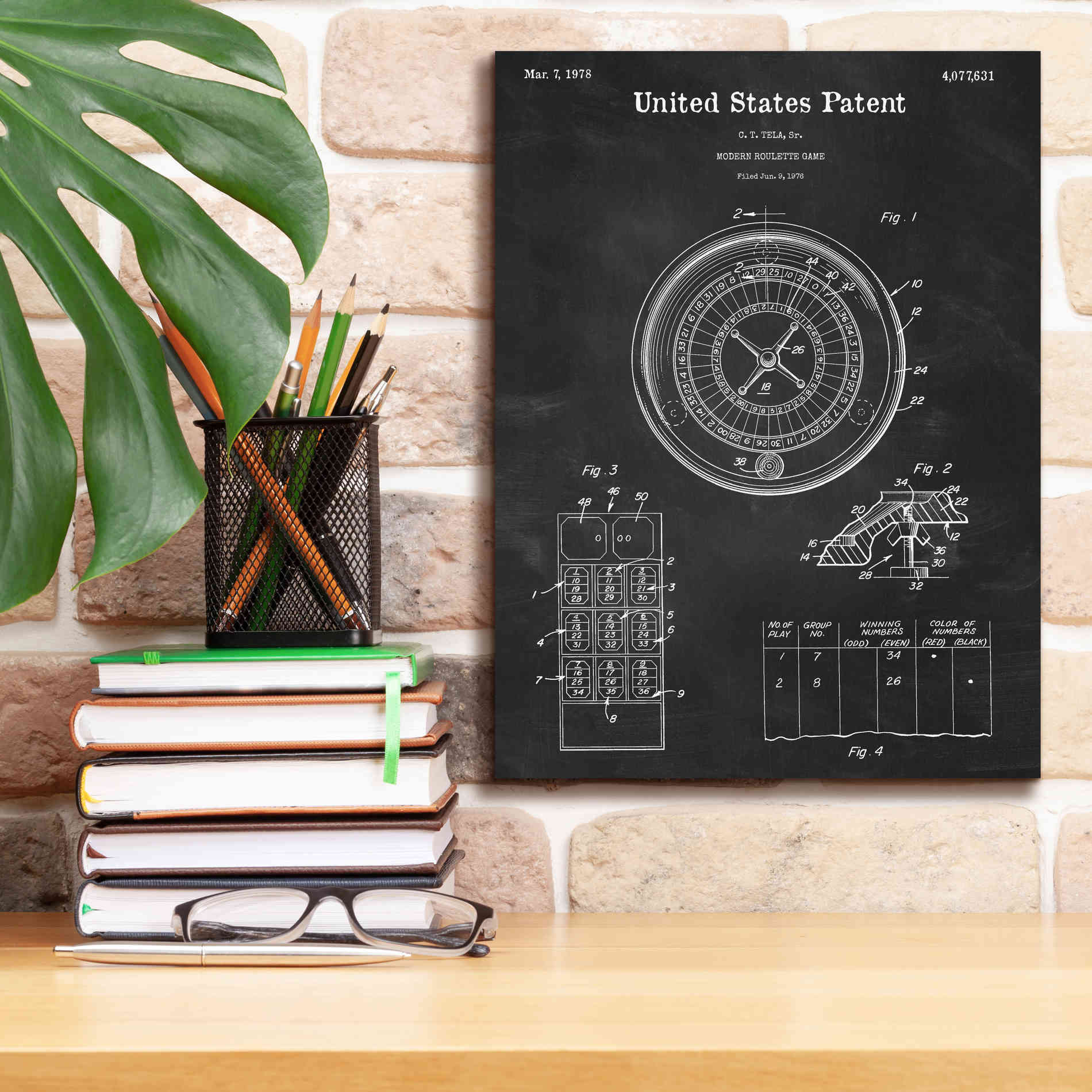 'Roulette Blueprint Patent Chalkboard,' Canvas Wall Art,12 x 16